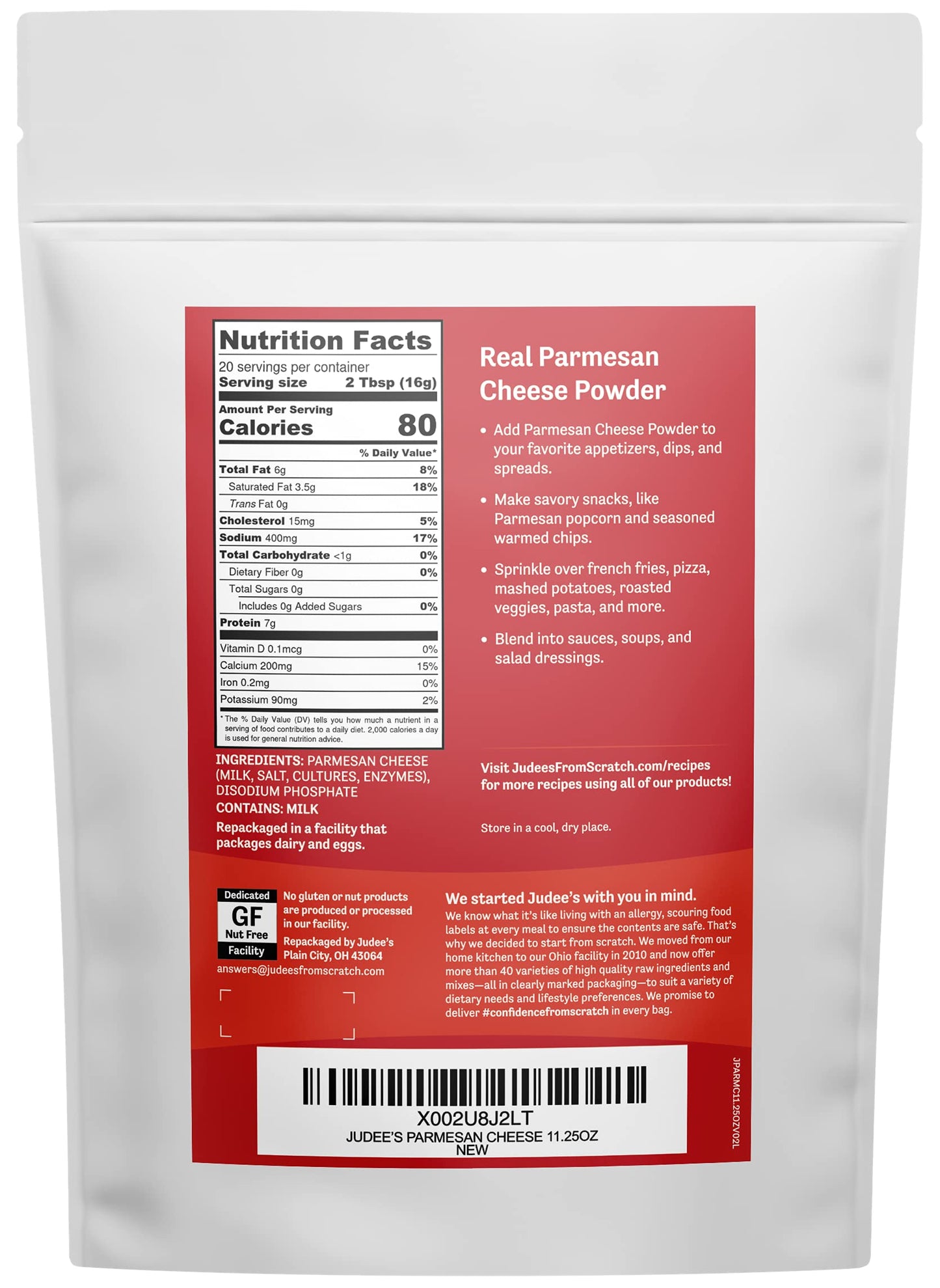 Judees Parmesan Cheese Powder - 100% Non-GMO, Keto-Friendly, Gluten-Free - 11.25oz