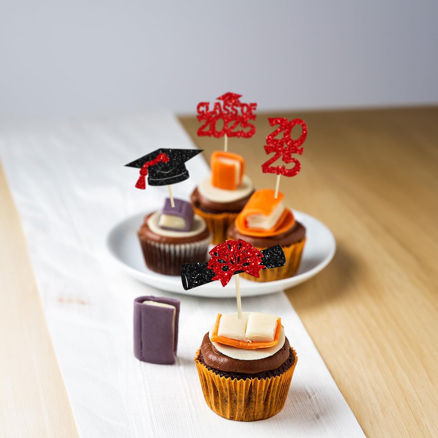 Ephlyn 36Pcs 2025 Graduation Theme Cupcake Toppers Glitter Class Of 2025 Congrats Grad Diploma Graduation Cap Cupcake Picks For