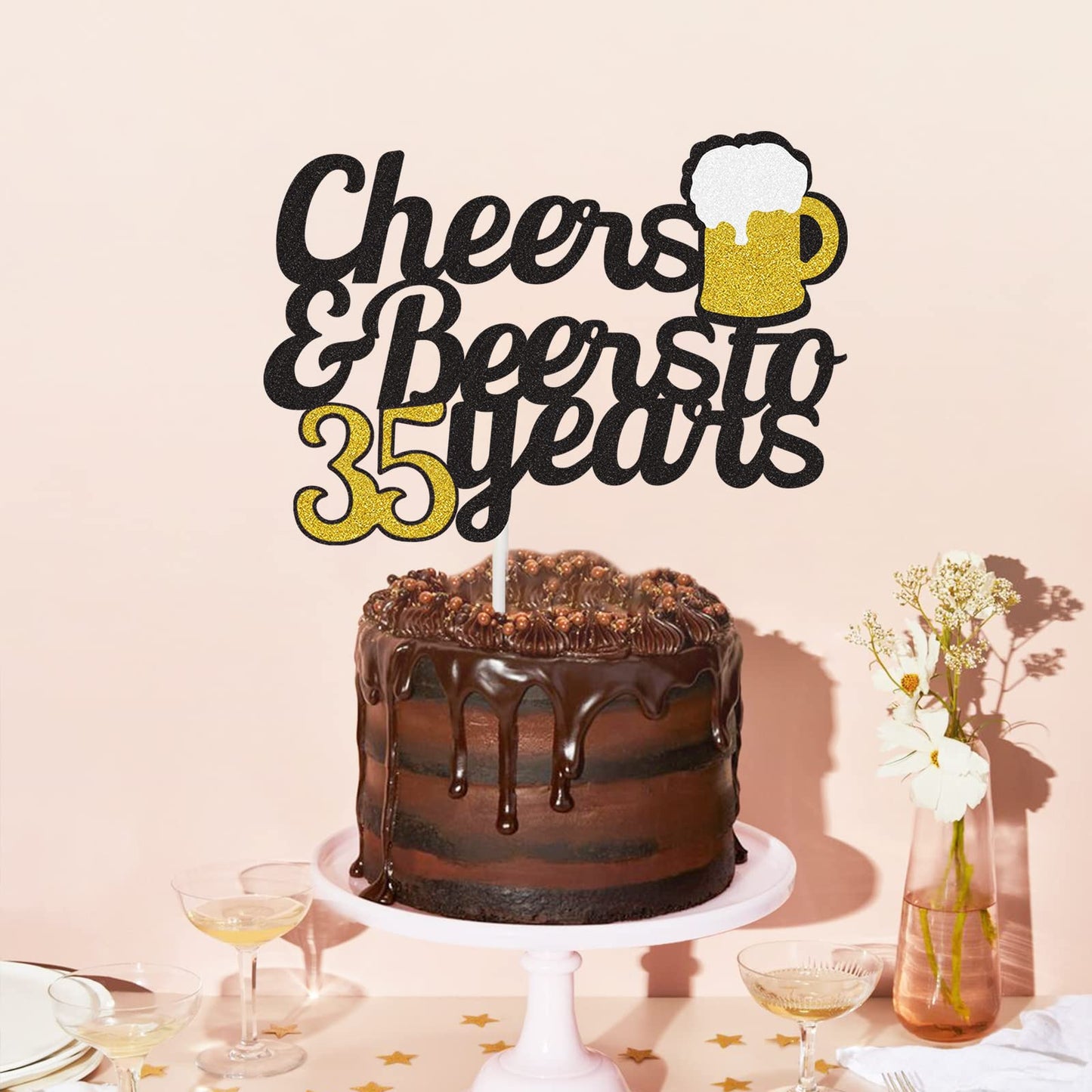 Joymee Cheers to 35 Years Cake Topper, Black and Gold Glitter, Double Sided