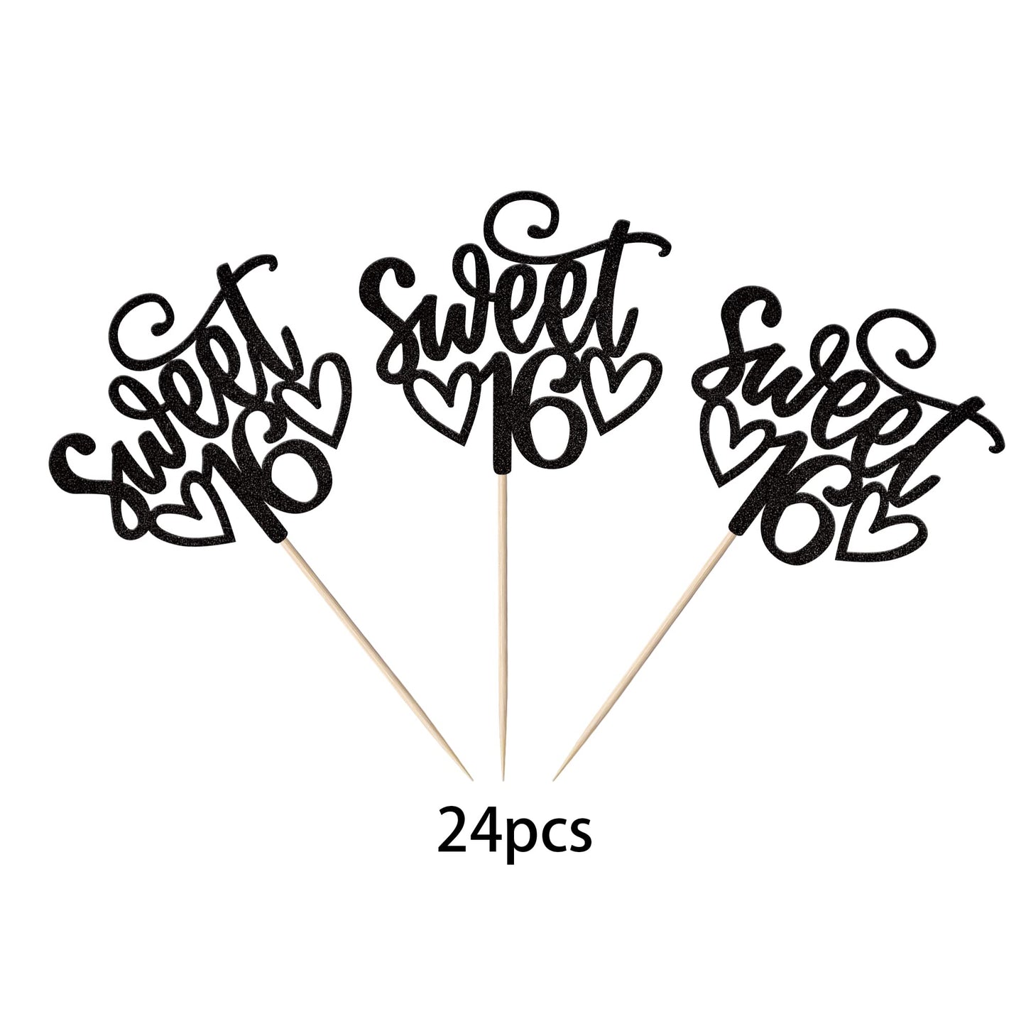 YCTHUNFISH 24 Pack Cupcake Toppers Glitter Sixteen for 16th Birthday Party Decorations Black Bamboo