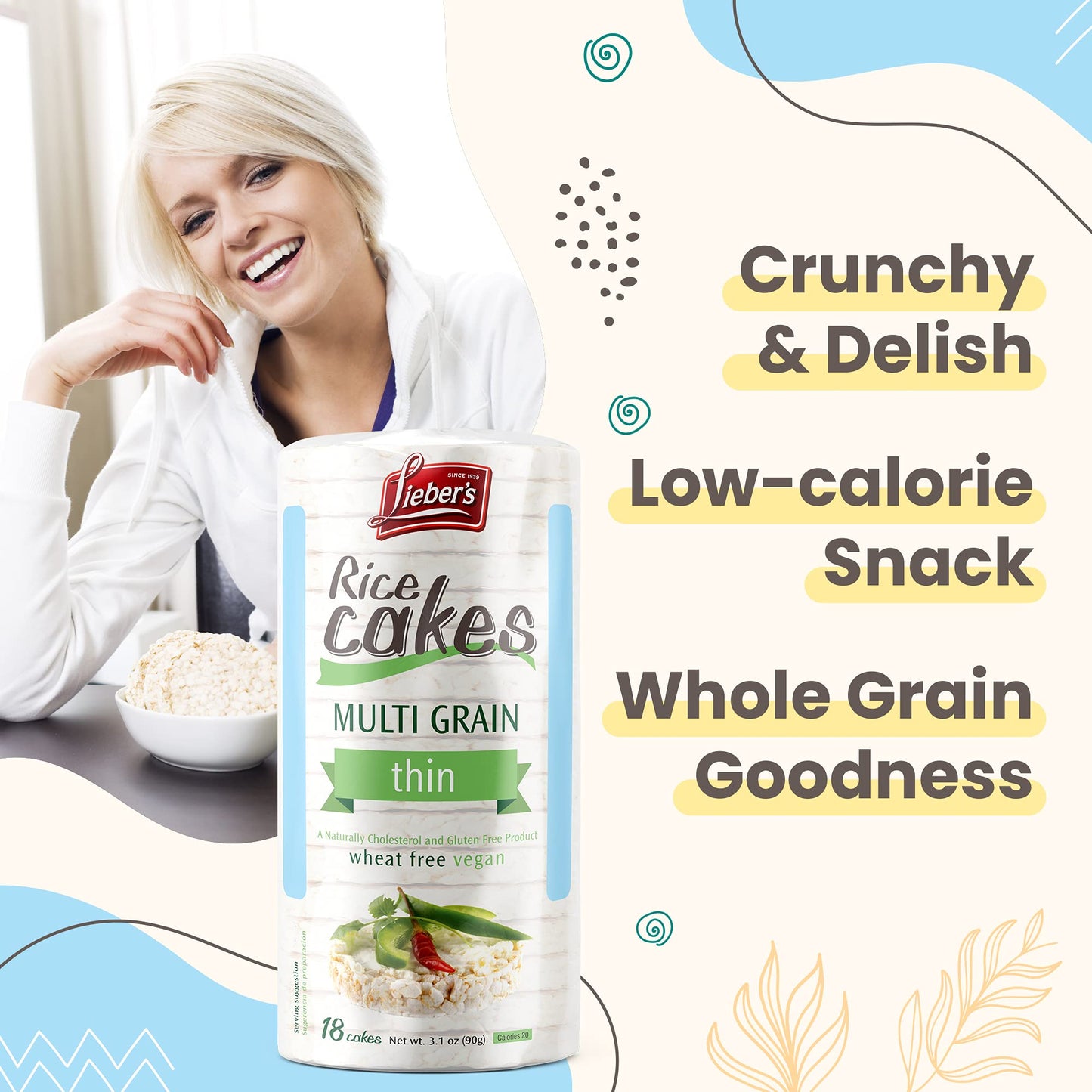 Liebers Multi Grain Rice Cakes, Kosher Certified, Dairy Free, Gluten Free, Vegan, 3.1 Ounce (Pack of 3)