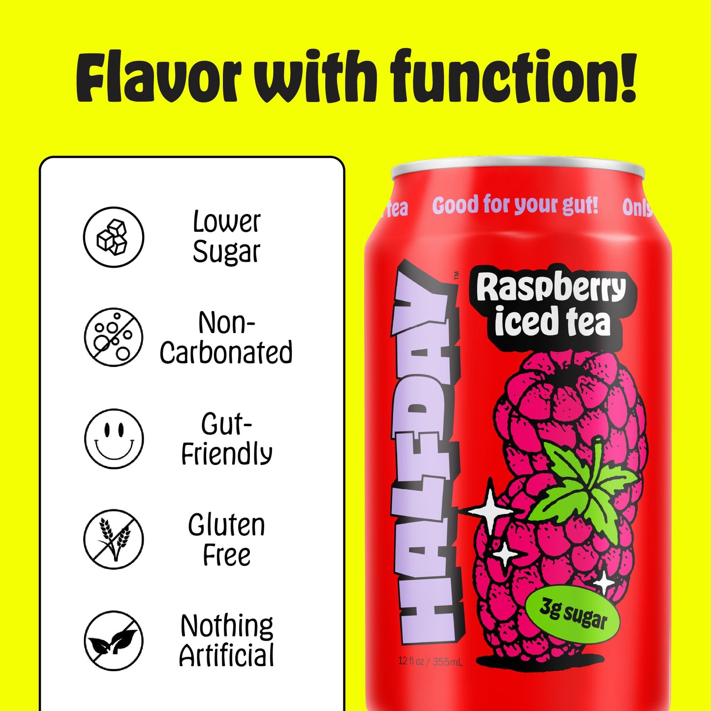 Halfday Prebiotic Raspberry Iced Tea Cans, 12 Pack, Supports Digestive Health & Gut Health, 8G Plant Fiber & Prebiotics, Gluten