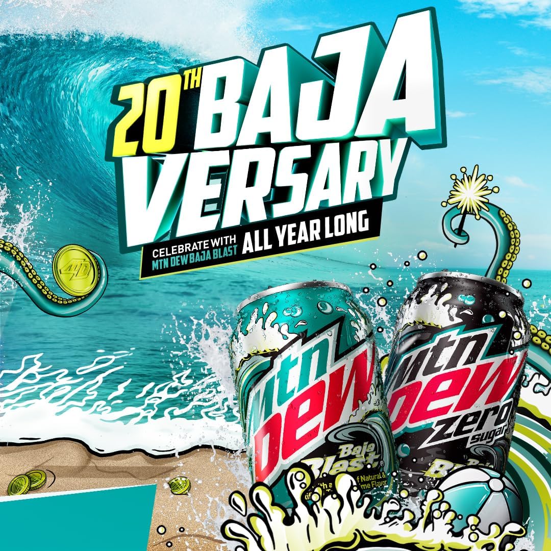 Mountain Dew Soda, 2 Flavor Baja Blast Variety Pack (Baja Blast, Original Dew), 12 Fl Oz Cans (Pack Of 18)