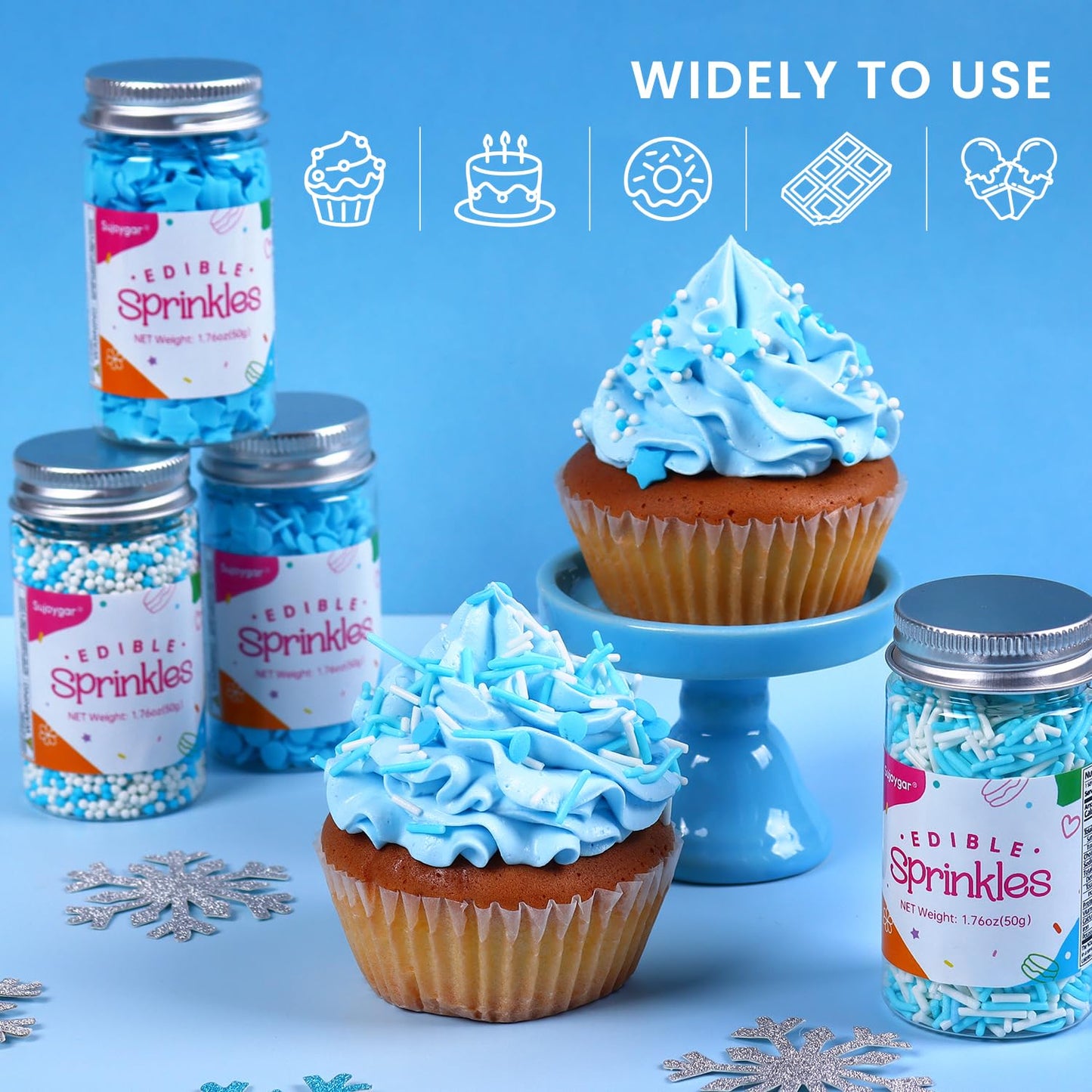 Blue Sprinkles Set, Edible Winter Sprinkles For Cake Decorating, White Nonpareils Sprinkles For Cupcake Toppers Baking Cookies I