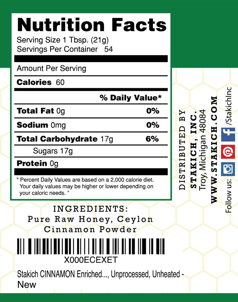Stakich Cinnamon Enriched Raw Honey - Pure Unprocessed Unheated - 40 Ounce