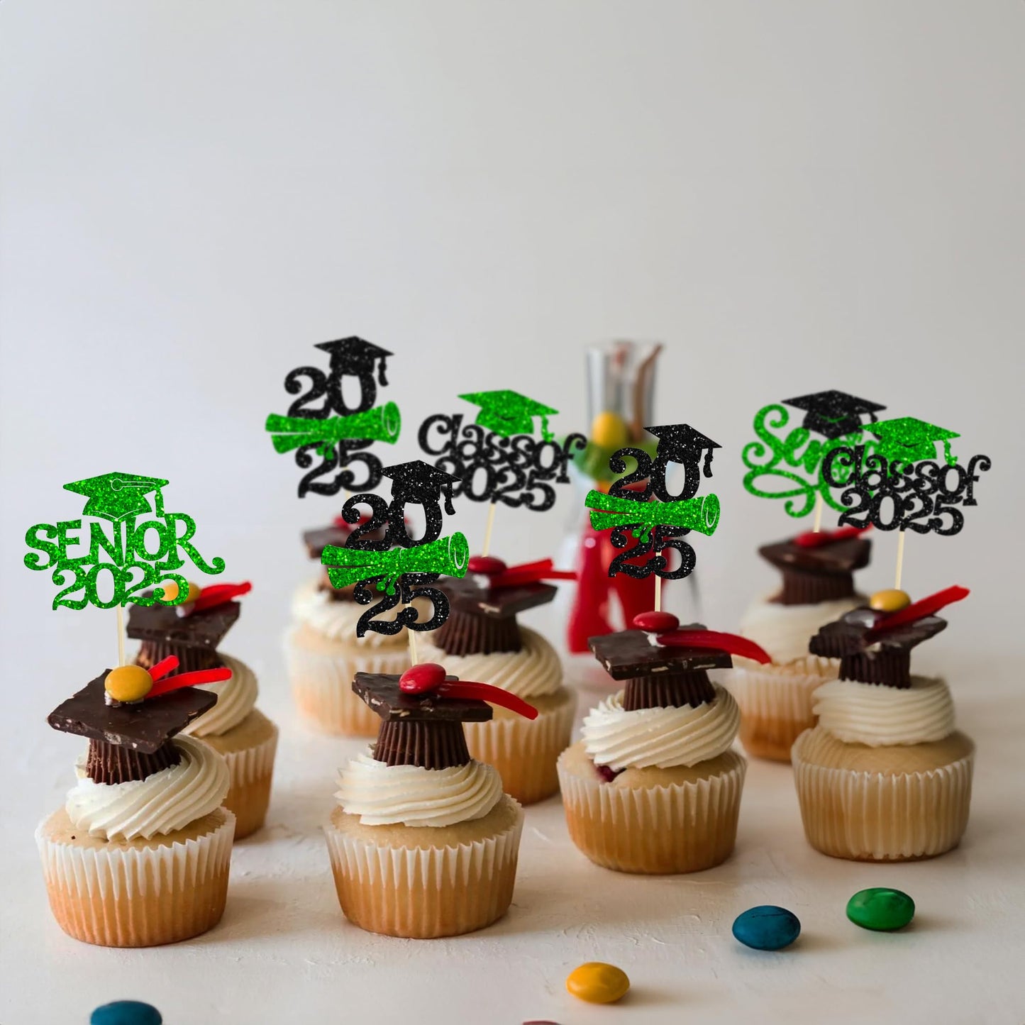 Gyufise Graduation Cupcake Toppers, 24 Pcs Green Glitter Picks for Class of 2025, Paper Decorations for Graduation Party Supplies