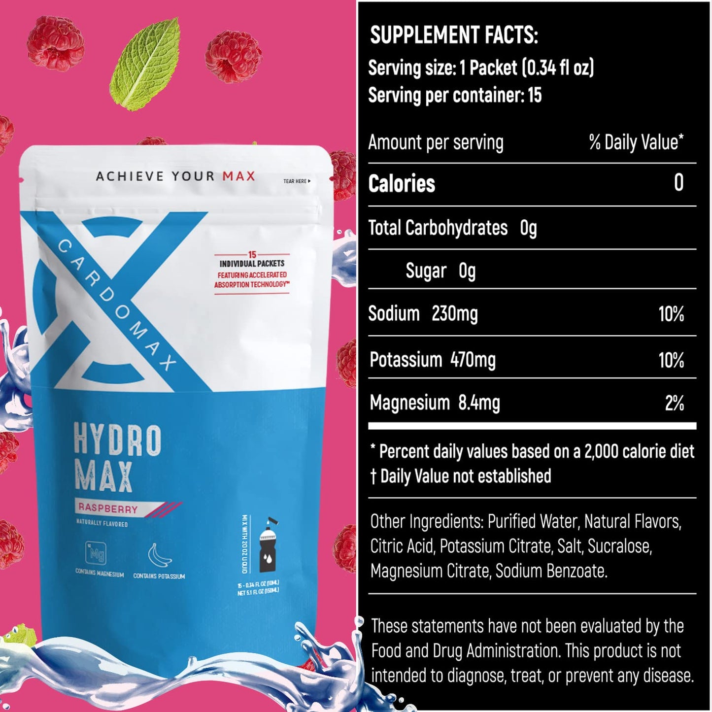 Cardomax Hydration Drink Mix - Hydromax Electrolyte Packets, Zero Calories, Sugar-Free, Keto-Friendly - 15 Single Serve Sticks (