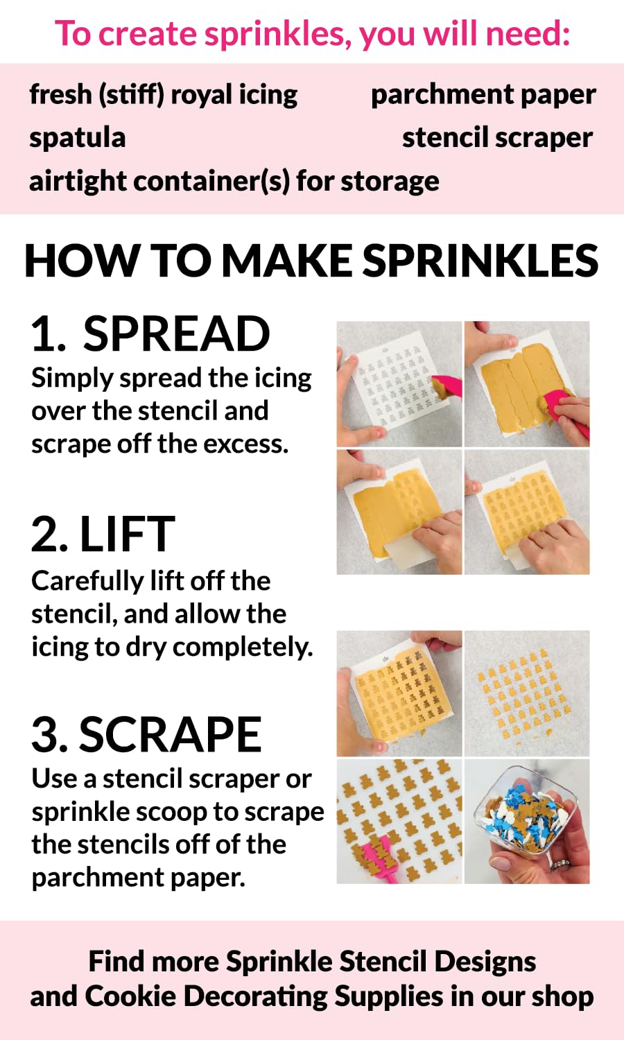 The Cookie Countess Sprinkle Stencil Tool Kit, Food Safe PLA Plastic, 4.75, White/Pink, Model SPRNKL-STN-KIT