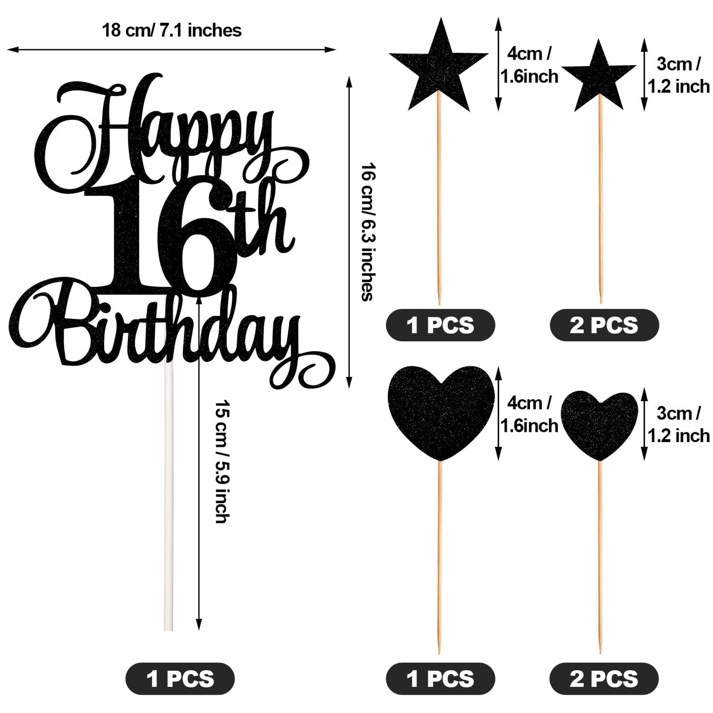 HOGRTi 16th Birthday Cake Decorations Set - Black Series, Includes Candles, Toppers & Cupcake Picks