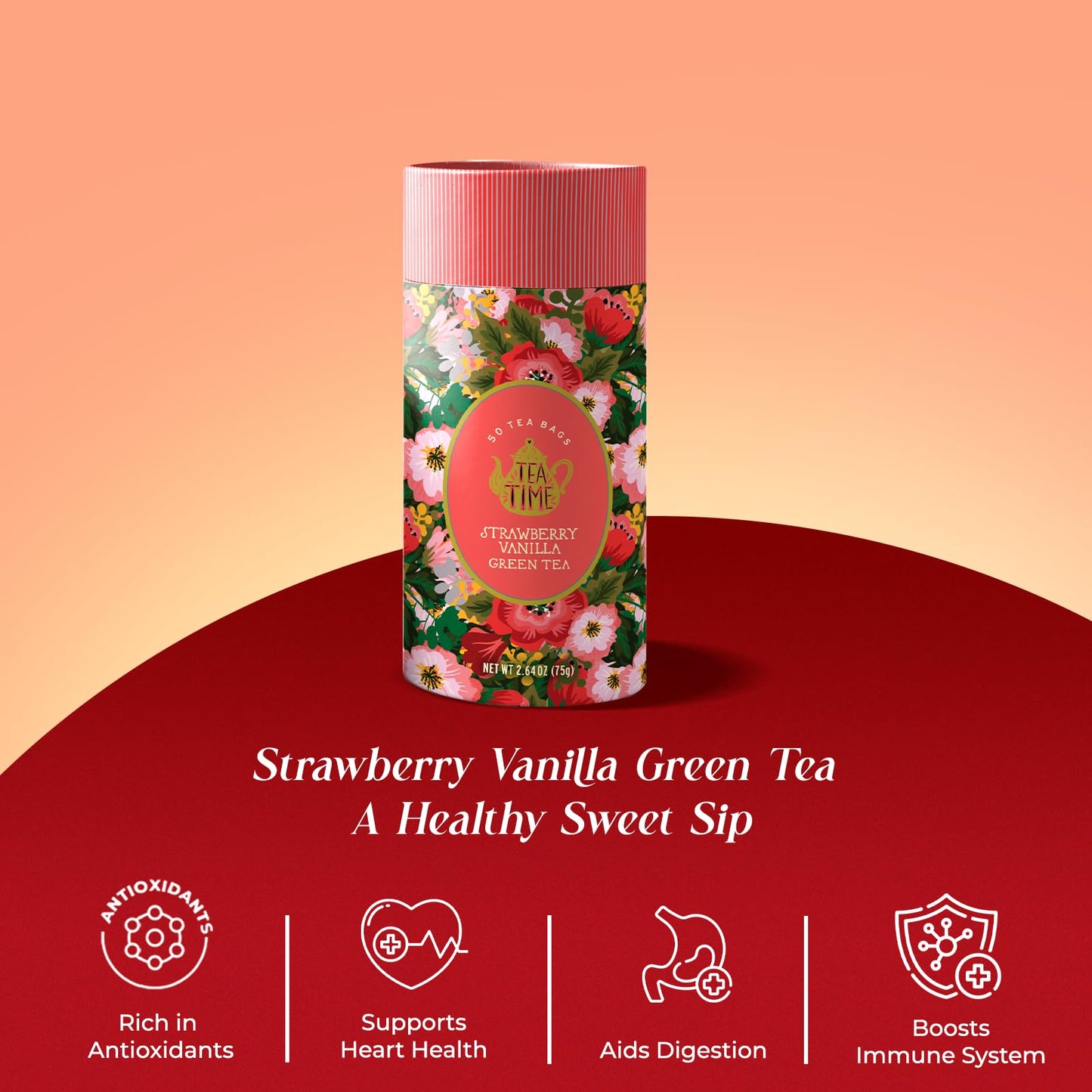 LIFE PLUS STYLE Gourmet Green Tea, Strawberry Vanilla Flavor, 50 Tea Bags, Organic, Caffeinated, Sugar Free, Fruity & Refreshing