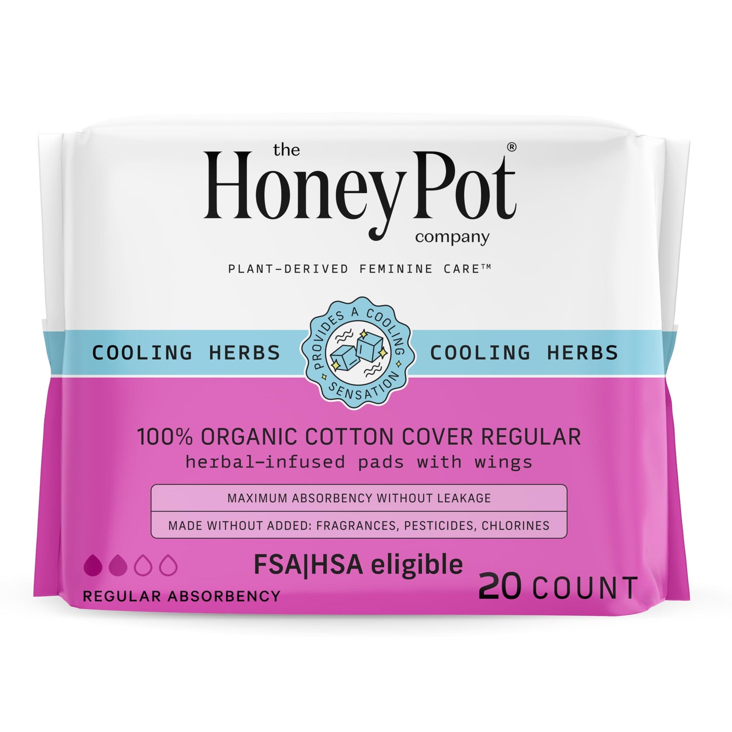 The Honey Pot Company - Herbal Sanitary Pads For Women - Regular Flow W/Wings - Infused W/Essential Oils For Cooling Effect & Organic Cotton Cover - Feminine Care - 20 Ct