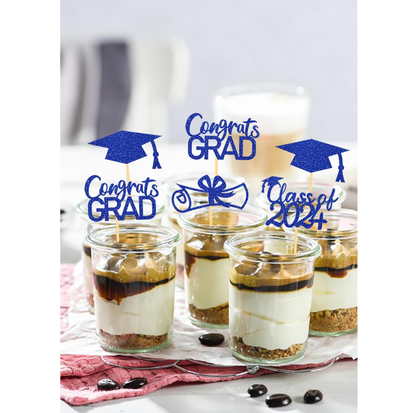 Moitkptt 2024 Graduation Topper, Set Of 24 (Blue) - Includes 4 Styles: Grad Cap, Diploma, 'Class Of 2024', 'Congrats'