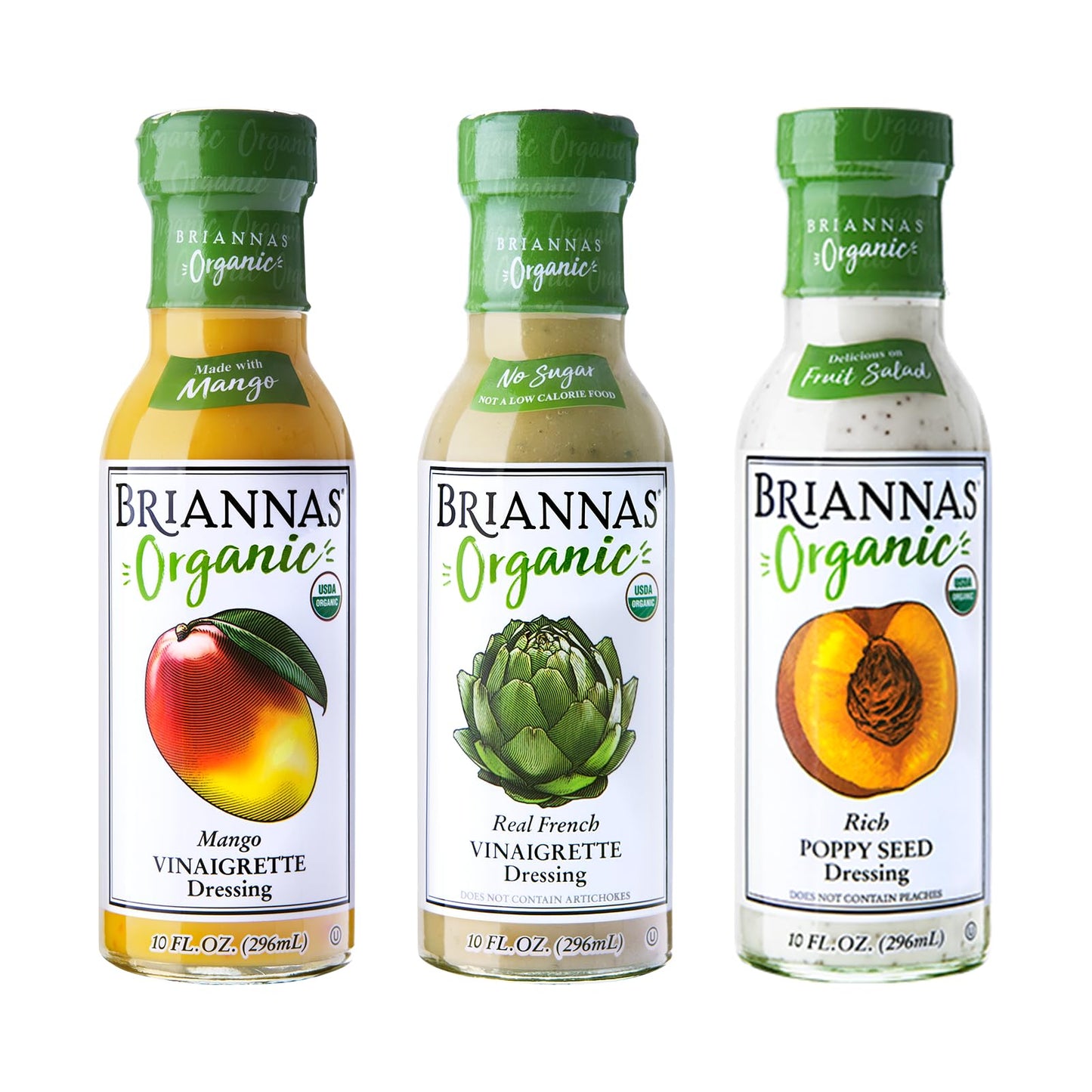 BRIANNAS - Certified Organic & Kosher Dressing Variety Pack - Mango Vinaigrette, Real French Vinaigrette, & Rich Poppy Seed - Ma