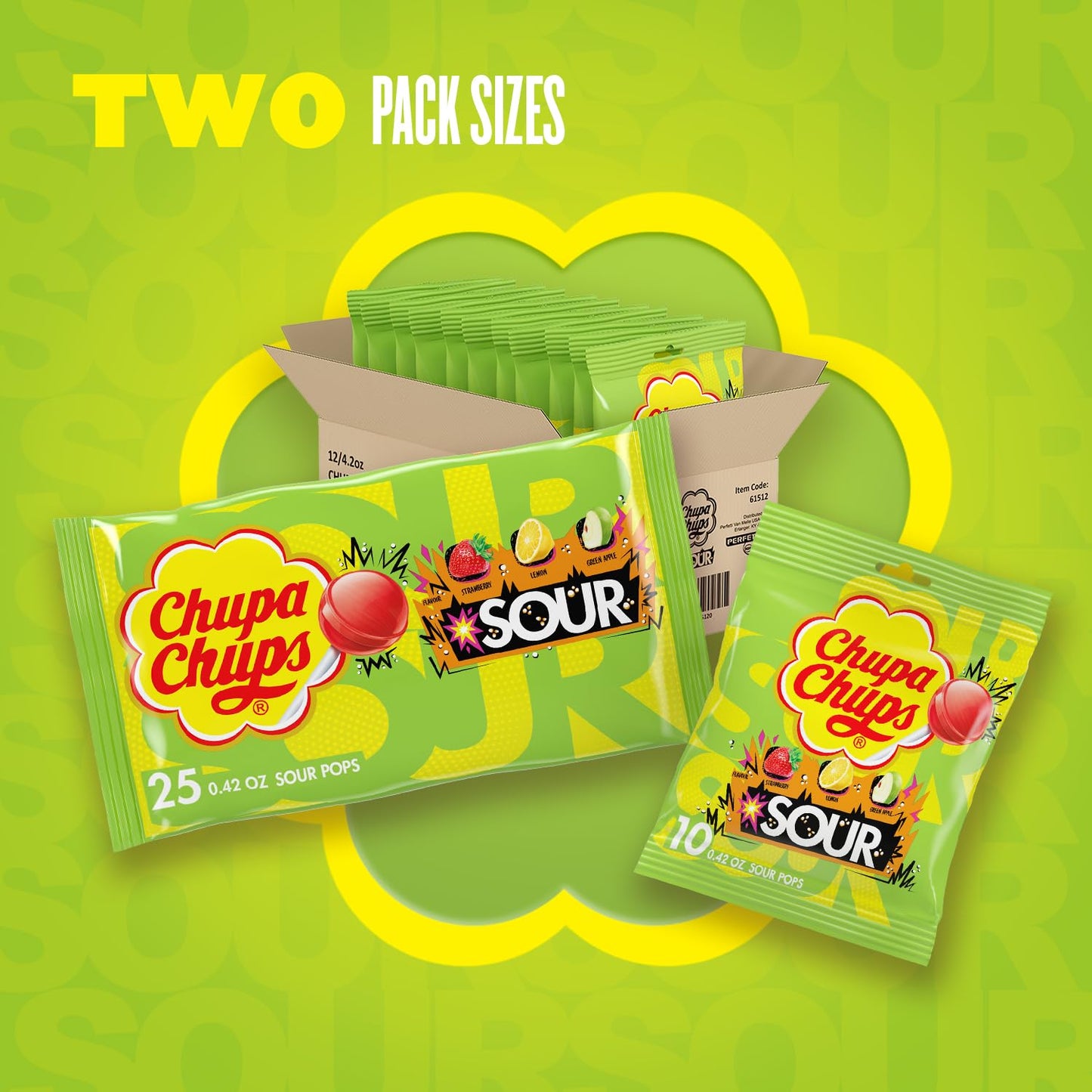 Chupa Chups SOUR Lollipops Variety Pack, Lemon, Strawberry, Apple Flavors, 4.2 oz (Pack of 8), Individually Wrapped Holiday Candy