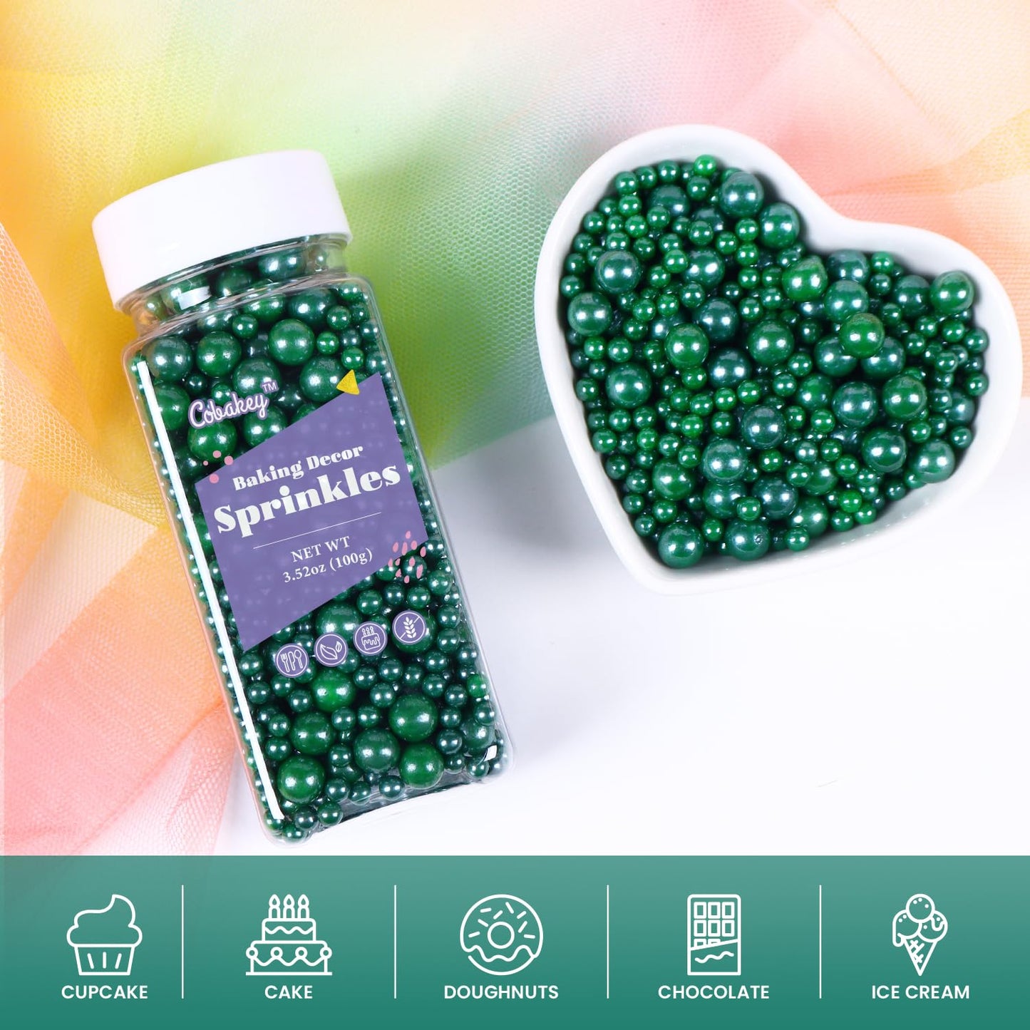 Cobakey Dark Green Sprinkles For Cake Decorations 3.52 Ounce Edible Pearl Sugar Sprinkles For Cupcake Toppers Wedding Party Vale