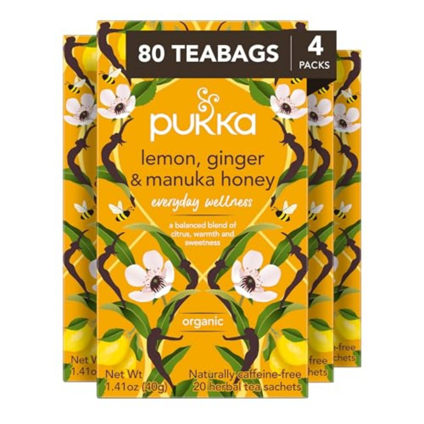 Pukka Herbal Tea - Organic Lemon, Ginger & Manuka Honey, Caffeine Free, 80 Tea Bags (4 Packs of 20)