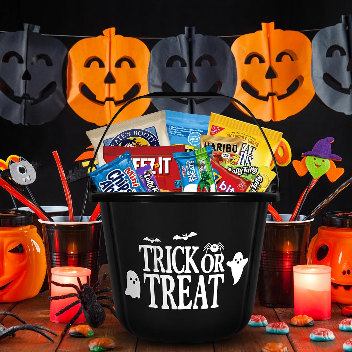 Halloween Basket Gift Care Package - 45 Count Snack Bucket Filled With Assorted Candy, Chocolates &   For Trick-Or-Treat, Classroom Parties, Office Events & Family Fun - Black