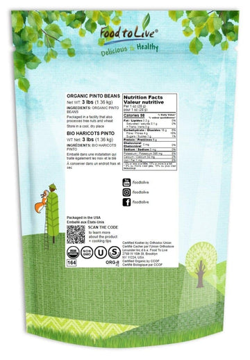 Food to Live Organic Pinto Beans, 3 Pounds Non-GMO, Frijioles Pintos, Whole Dried Beans, Sproutable, Vegan, Kosher, Bulk. High i