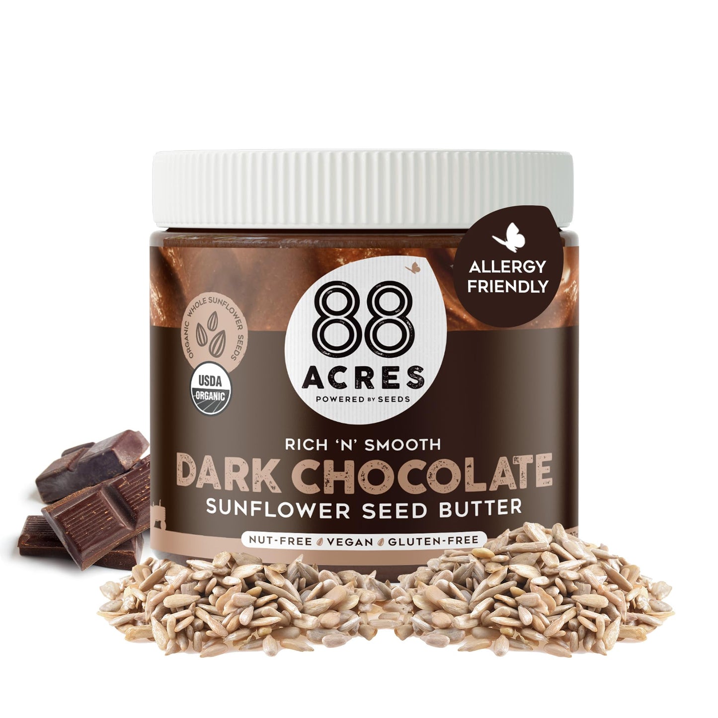 88 Acres Organic Sunflower Seed Butter | Dark Chocolate | Keto-Friendly, Vegan, Gluten Free, Dairy Free, Nut-Free Seed Butter Spread | 14 Oz | 2 Pack
