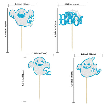 24Pcs Halloween Ghost Cupcake Toppers Blue Glitter Halloween Boo Cake Decorations Halloween Baby Shower Cake Picks For Halloween