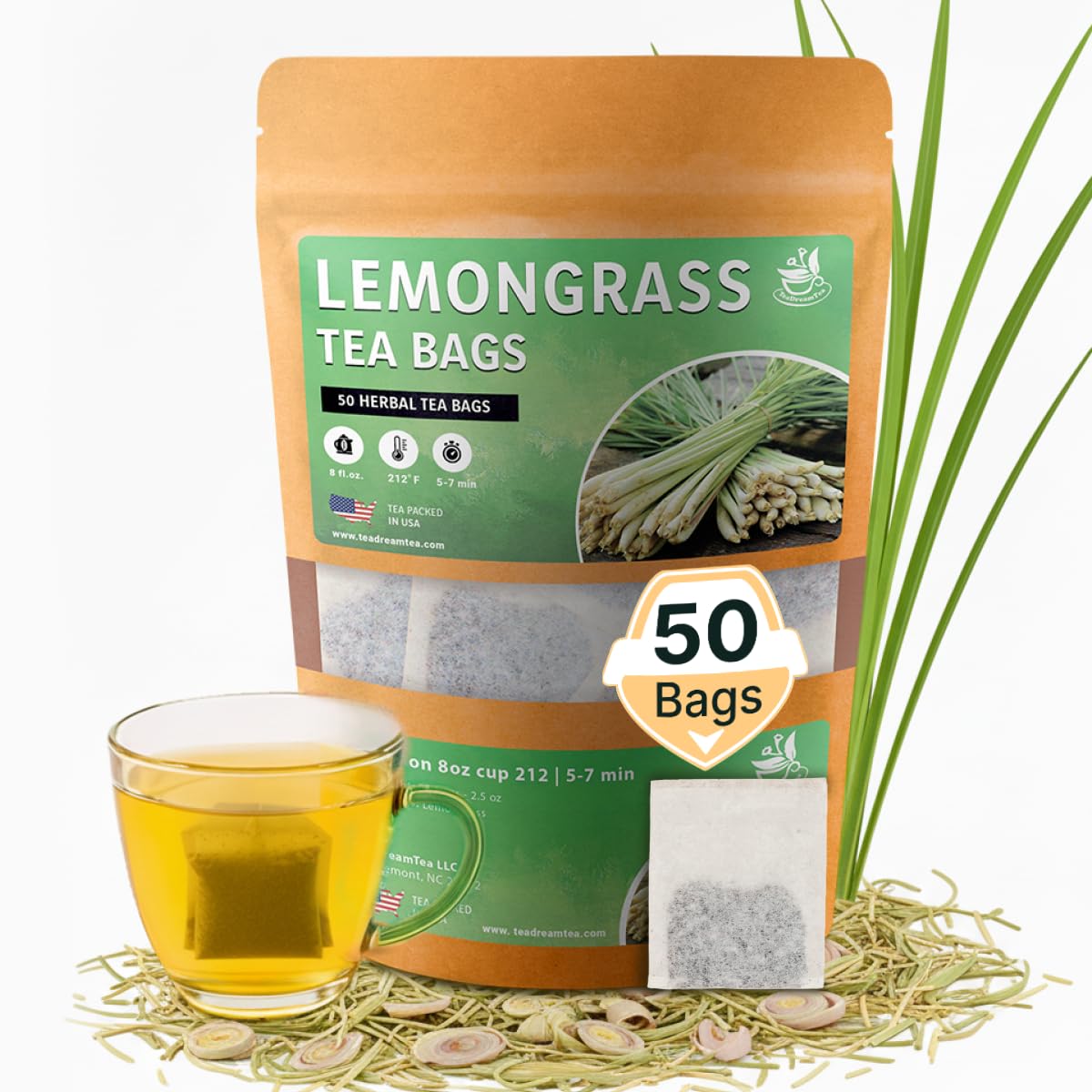 TeaDreamTea Lemongrass Tea Bags - Herbal, Caffeine Free - 50 Count Bulk Tea Bags