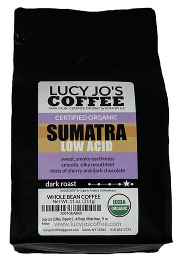 Lucy Jo'S Coffee, Organic Sumatra, Low Acid, Dark Roast, Whole Bean, 11 Oz.