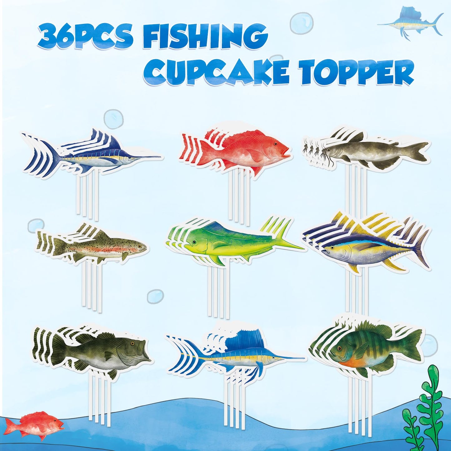Wernnsai 36Pcs Fishing Cupcake Toppers Gone Fishing Birthday Cake Toppers Supplies For Baby Shower Fisherman Boys Birthday Party