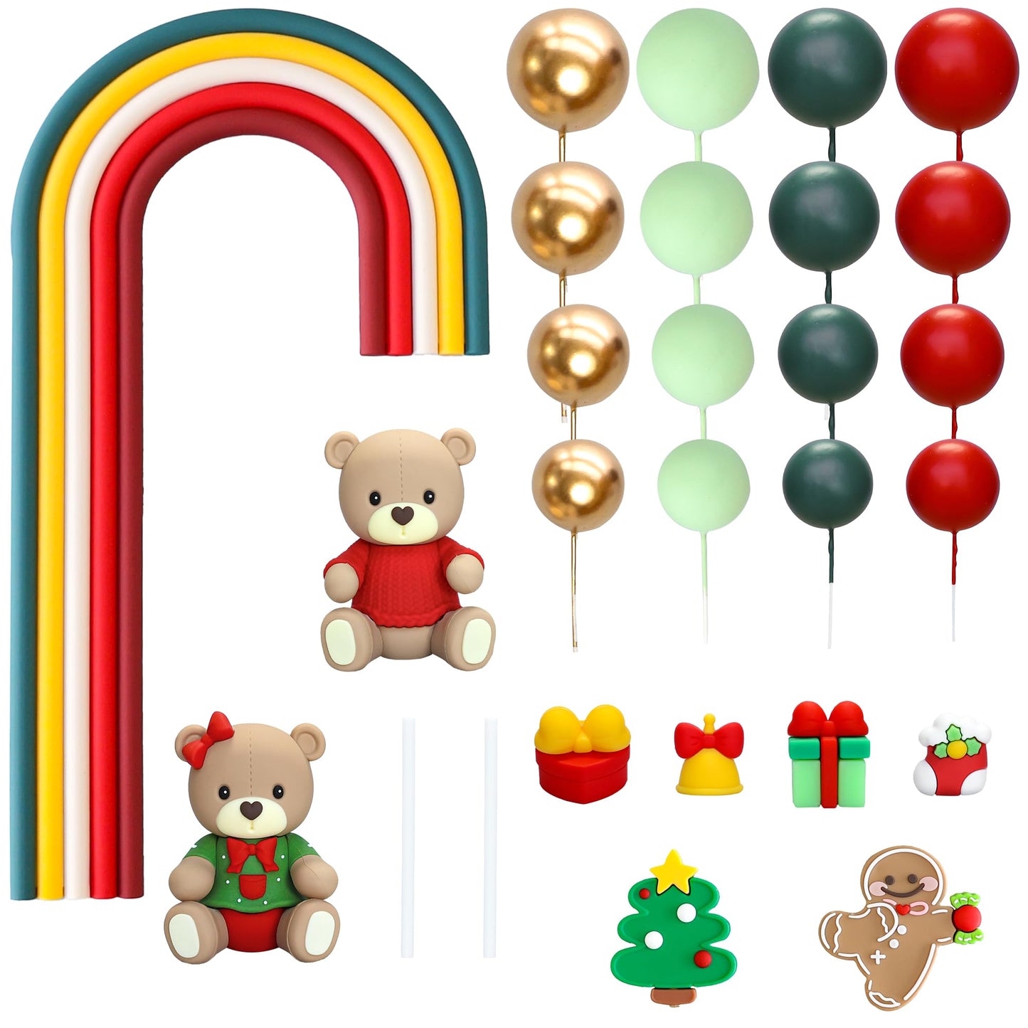 Ephlyn Christmas Bear Cake Toppers Rainbow Ball Cake Decorations Xmas Tree Gingerbread Man Socks Cupcake Toppers For Halloween Theme Baby Shower Birthday Party Supplies Red