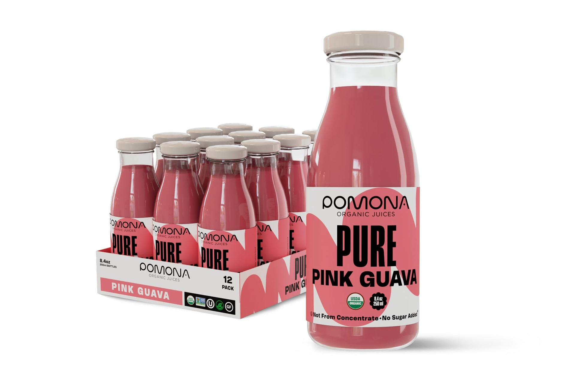 Pomona Organic Juices Pure Pink Guava Juice  8.4 Ounce Bottle (Pack of 12)  Cold Pressed Organic Juice  Non-GMO  No Sugar Added  Not from Concentrate  Gluten Free  Kosher Certified  Preservative Free