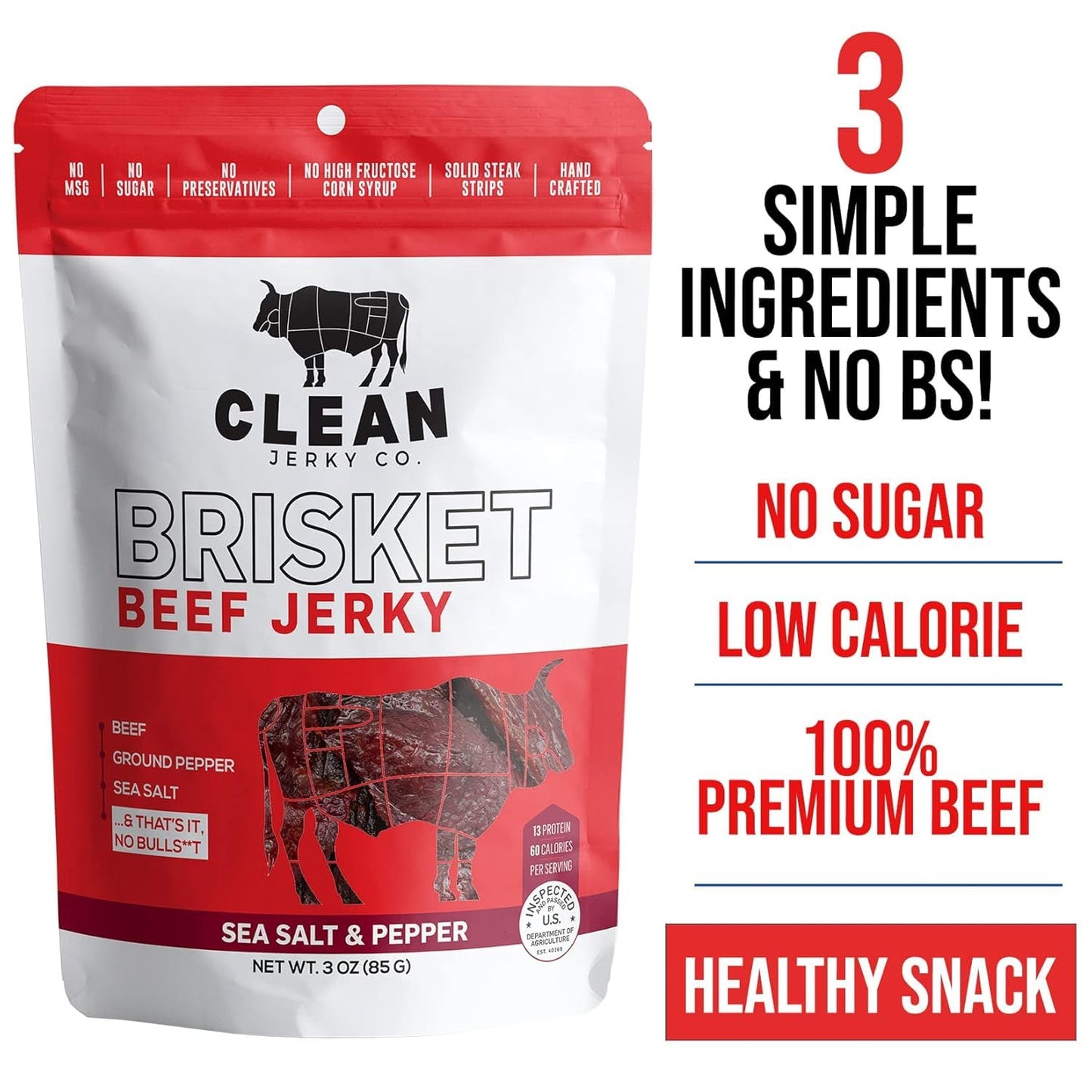 Clean Jerky Co. Old Fashioned Dry Zero Sugar Beef Jerky, Salt & Pepper Flavor, 3 Ounce Protein Snack, No MSG, No Sugar, No Nitrates