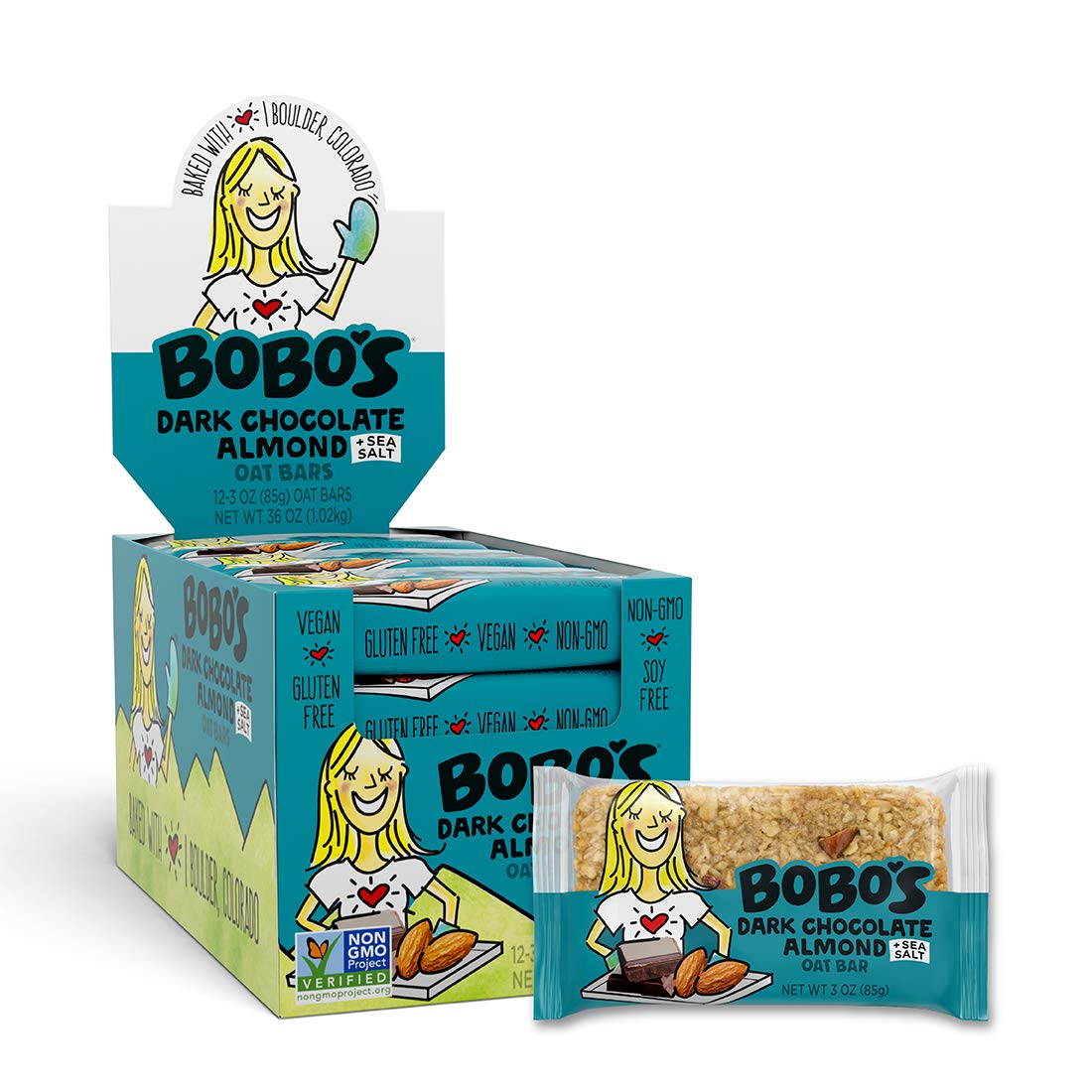 Bobos Oat Bars, Gluten Free Bars, Dark Chocolate Almond Sea Salt, Pack of 12