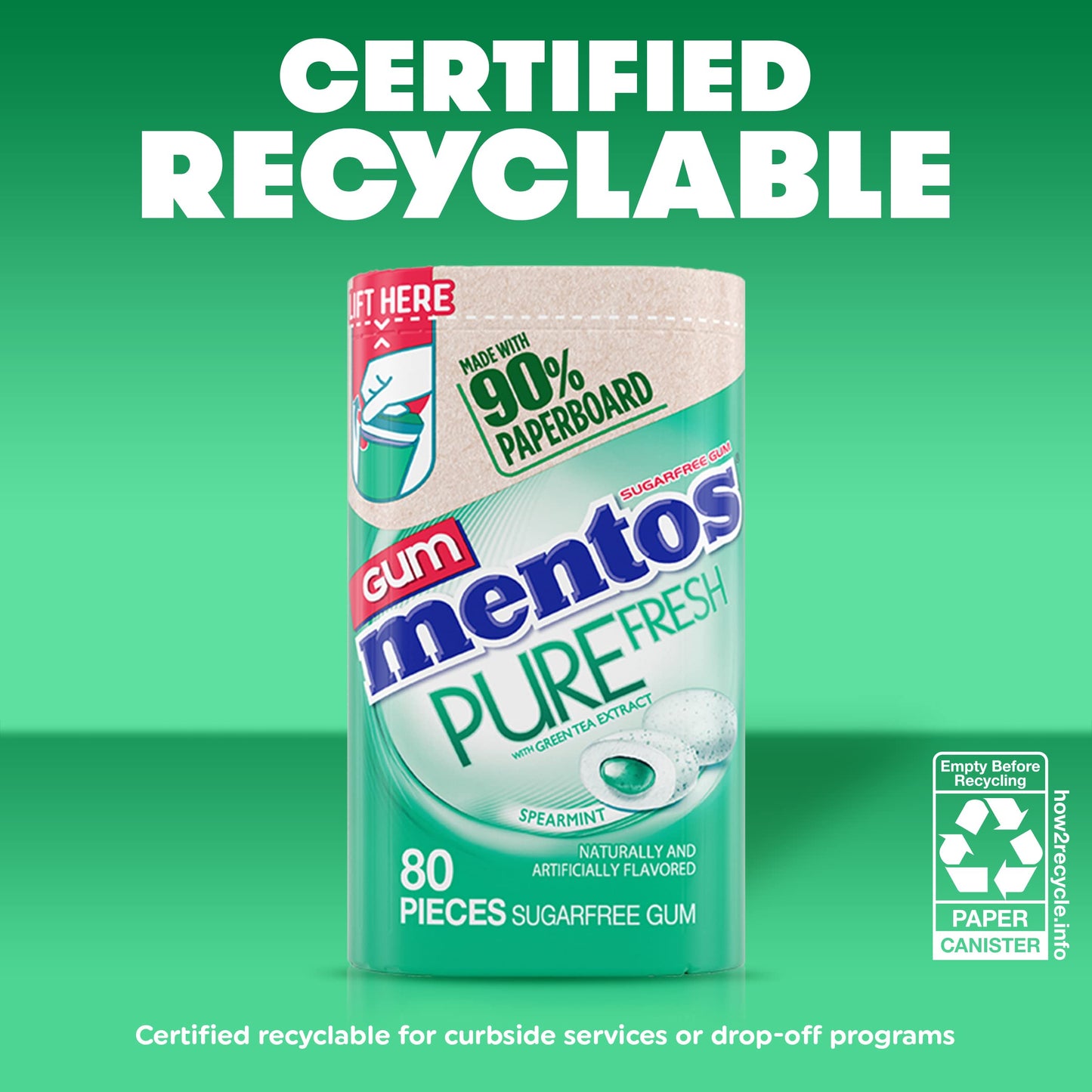 Mentos Pure Fresh Spearmint Sugar Free Gum with Xylitol, 80 Count, Paperboard Bottle