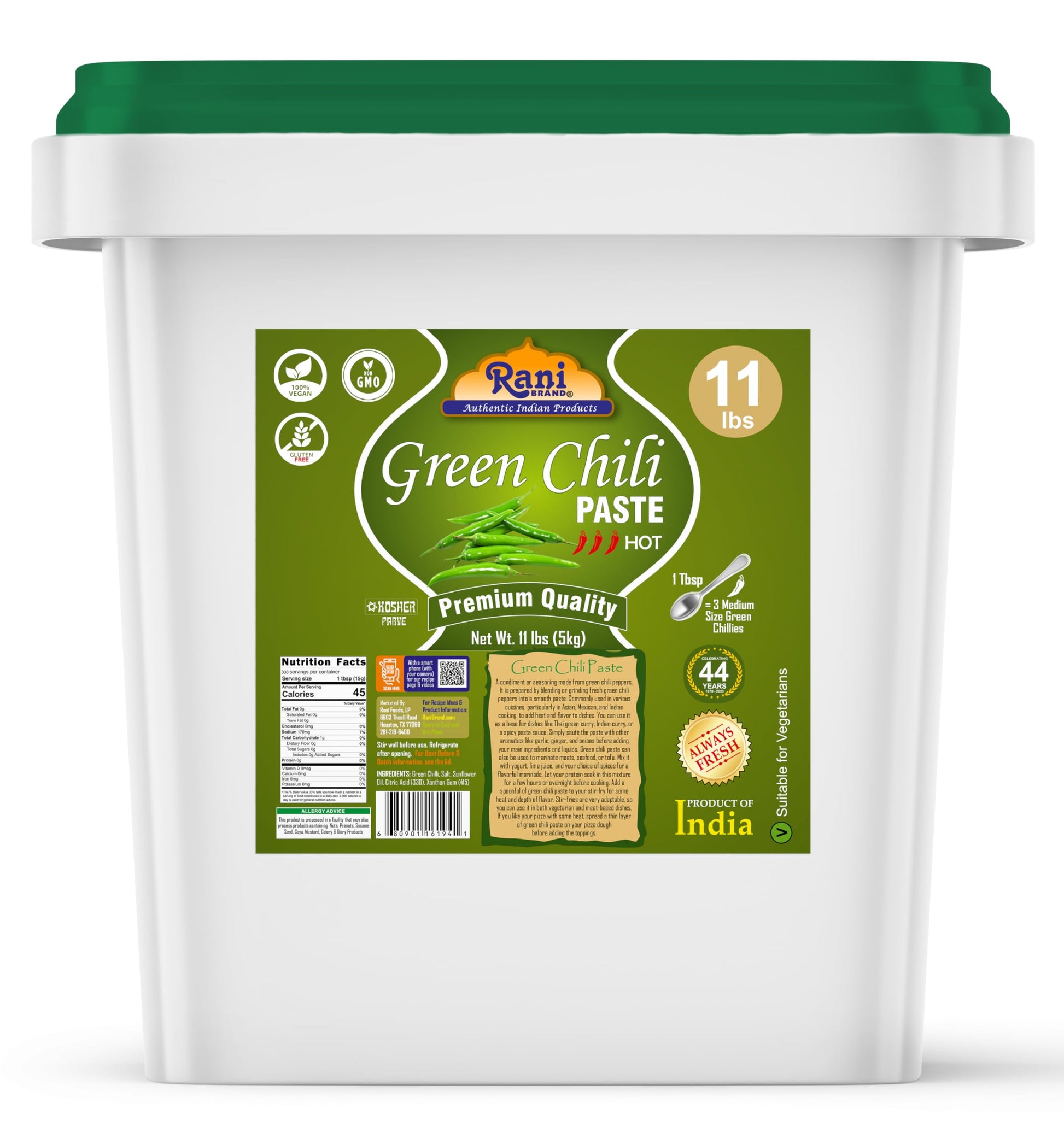 Rani Green Chilli Cooking Paste 176Oz (11Lbs) 5Kg Bulk ~ Vegan | Gluten Free | Non-Gmo | Kosher | No Colors | Indian Origin