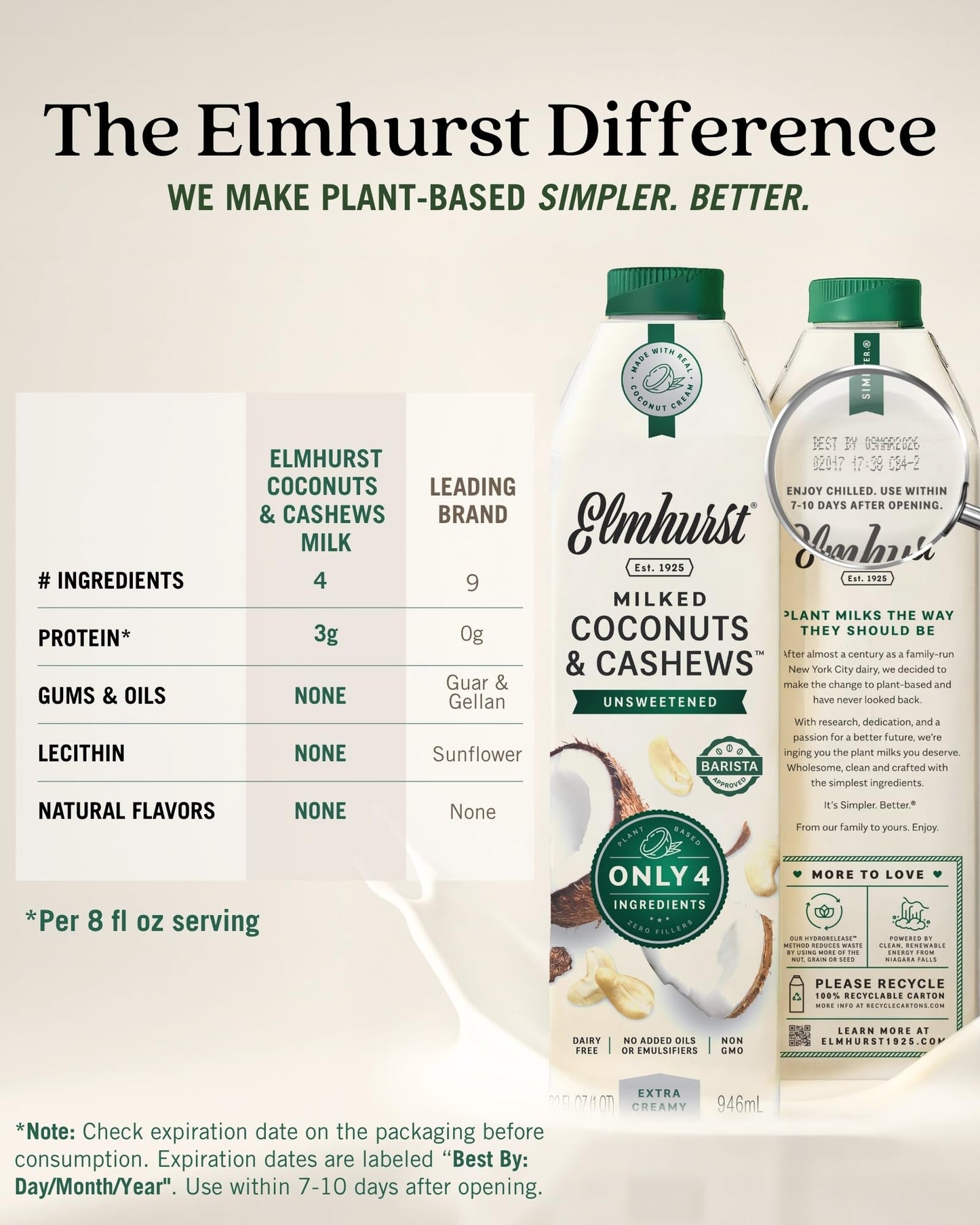 Elmhurst 1925 Unsweetened Coconut & Cashew Milk - 32 Ounce (Pack of 6) Dairy-Free  Gluten-Free  Vegan  Shelf Stable Milk Made w/ Coconut Cream & Cashews for Healthier  Simpler Plant-Based Alternatives
