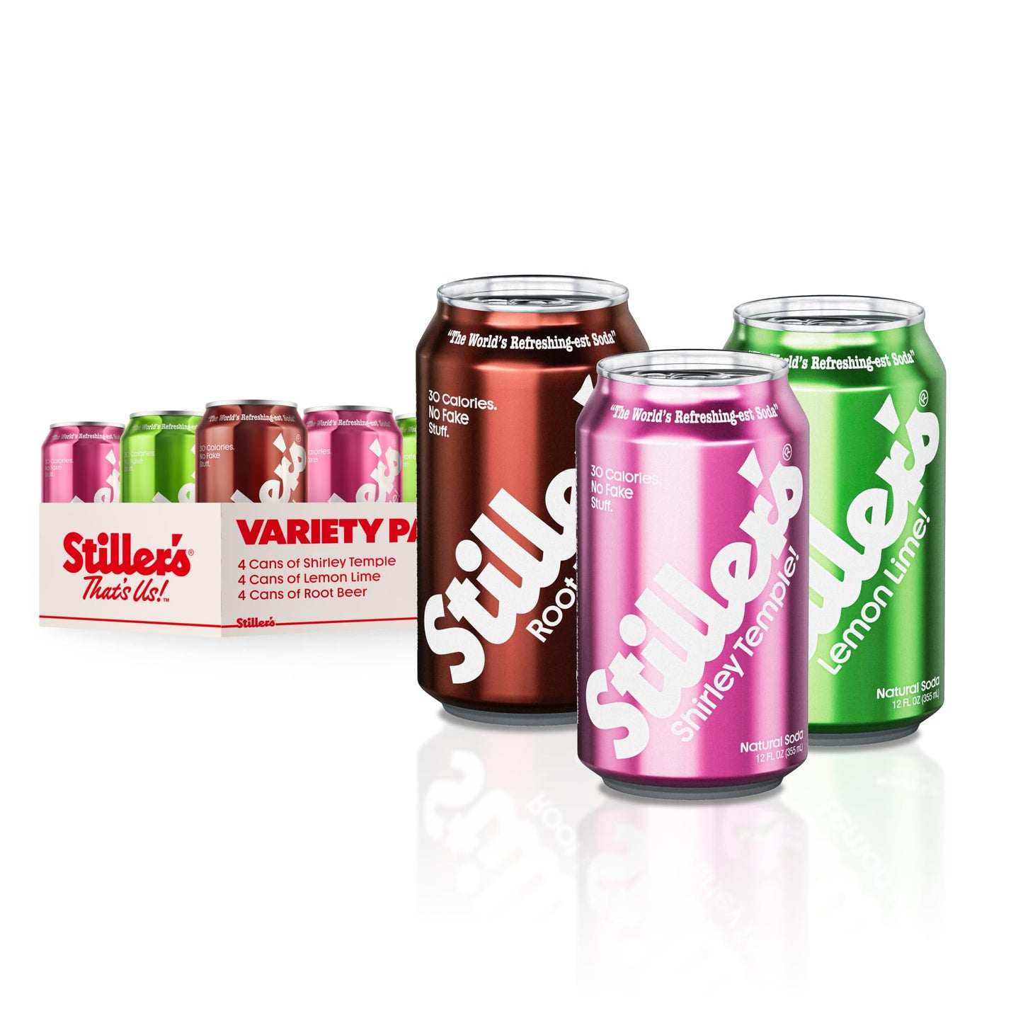 Stillers Natural Soda Variety Pack - Shirley Temple  Lemon Lime & Root malt-inspired - 12pk of Low Sugar  Vitamin-Enriched Cans - All-Natural  No-Biotic  Zero-Guilt Sodas for Real Soda Lovers
