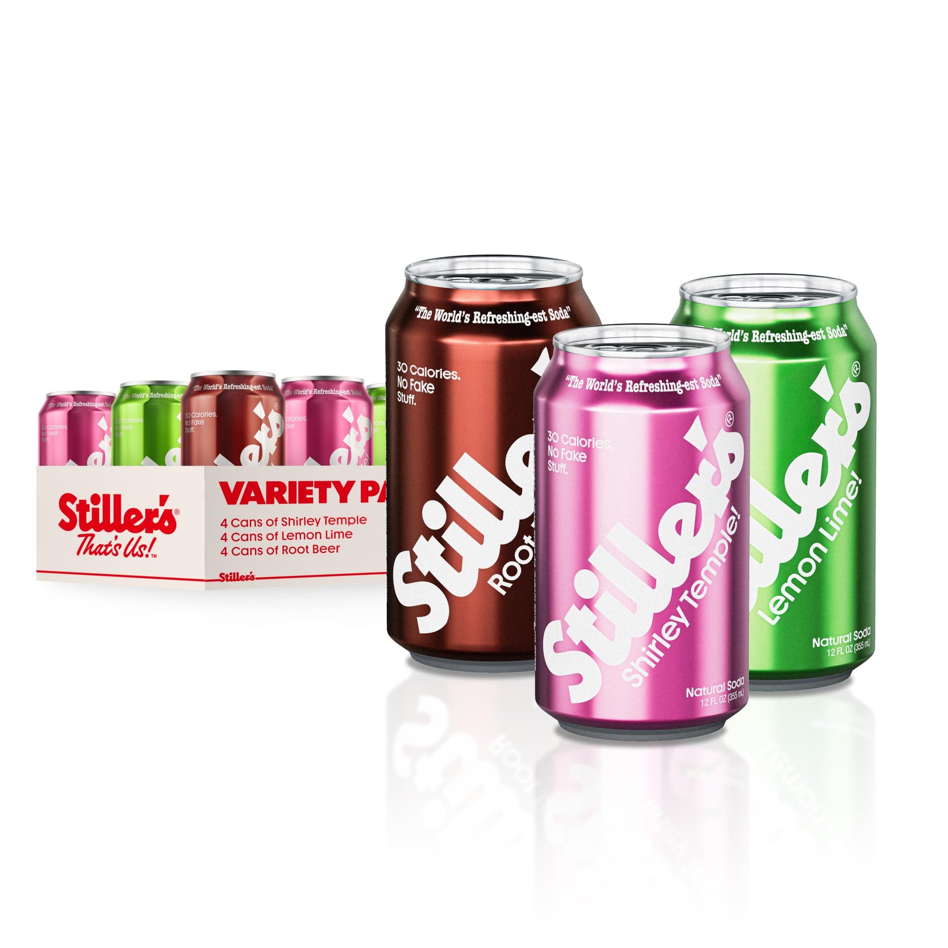 Stillers Natural Soda Variety Pack - Shirley Temple  Lemon Lime & Root malt-inspired - 12pk of Low Sugar  Vitamin-Enriched Cans - All-Natural  No-Biotic  Zero-Guilt Sodas for Real Soda Lovers