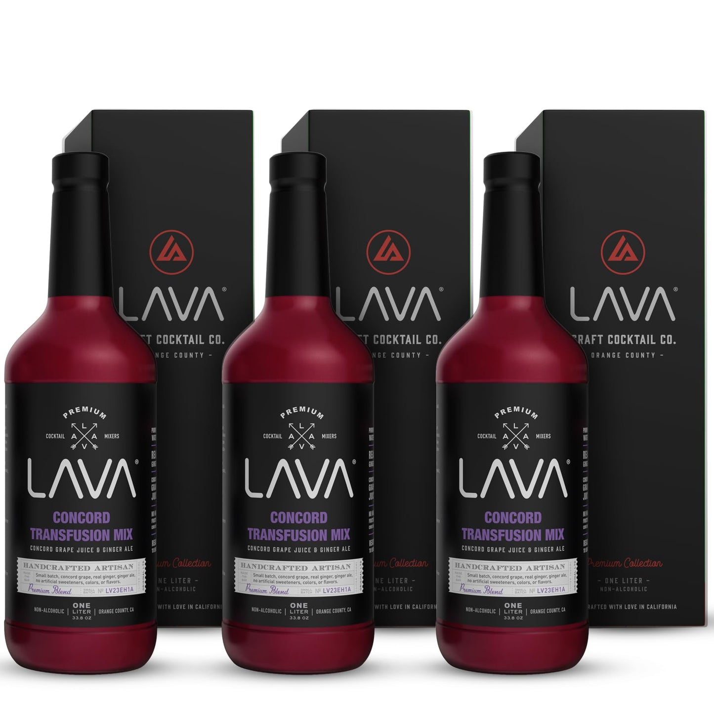 LAVA Premium Concord Transfusion Mix, 3 Pack, Made with Real Grape Juice & Ginger, 33.8 Fl Oz Glass Bottles