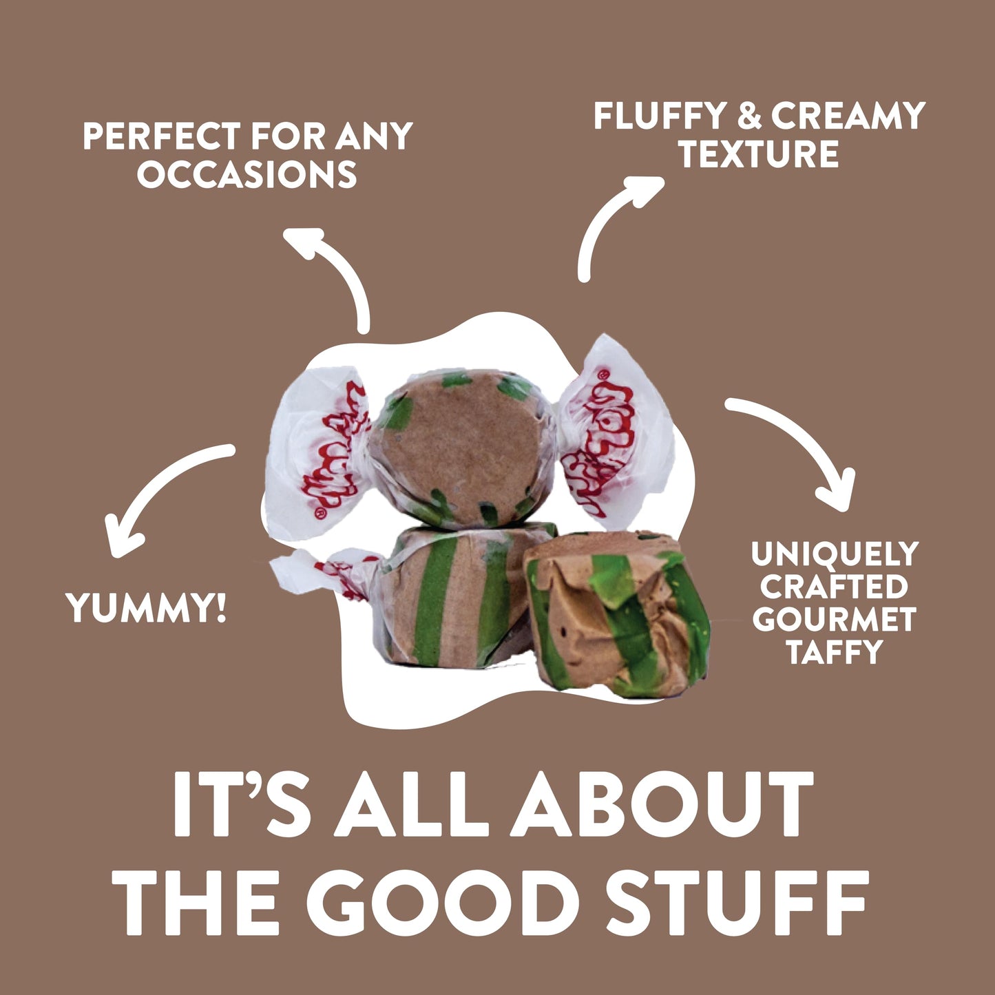 Taffy Town Saltwater Taffy- Chocolate Mint | Gourmet Taffy| Nougat-Style Candy| Soft & Delicious| Sumer Snack Treats| Party Good