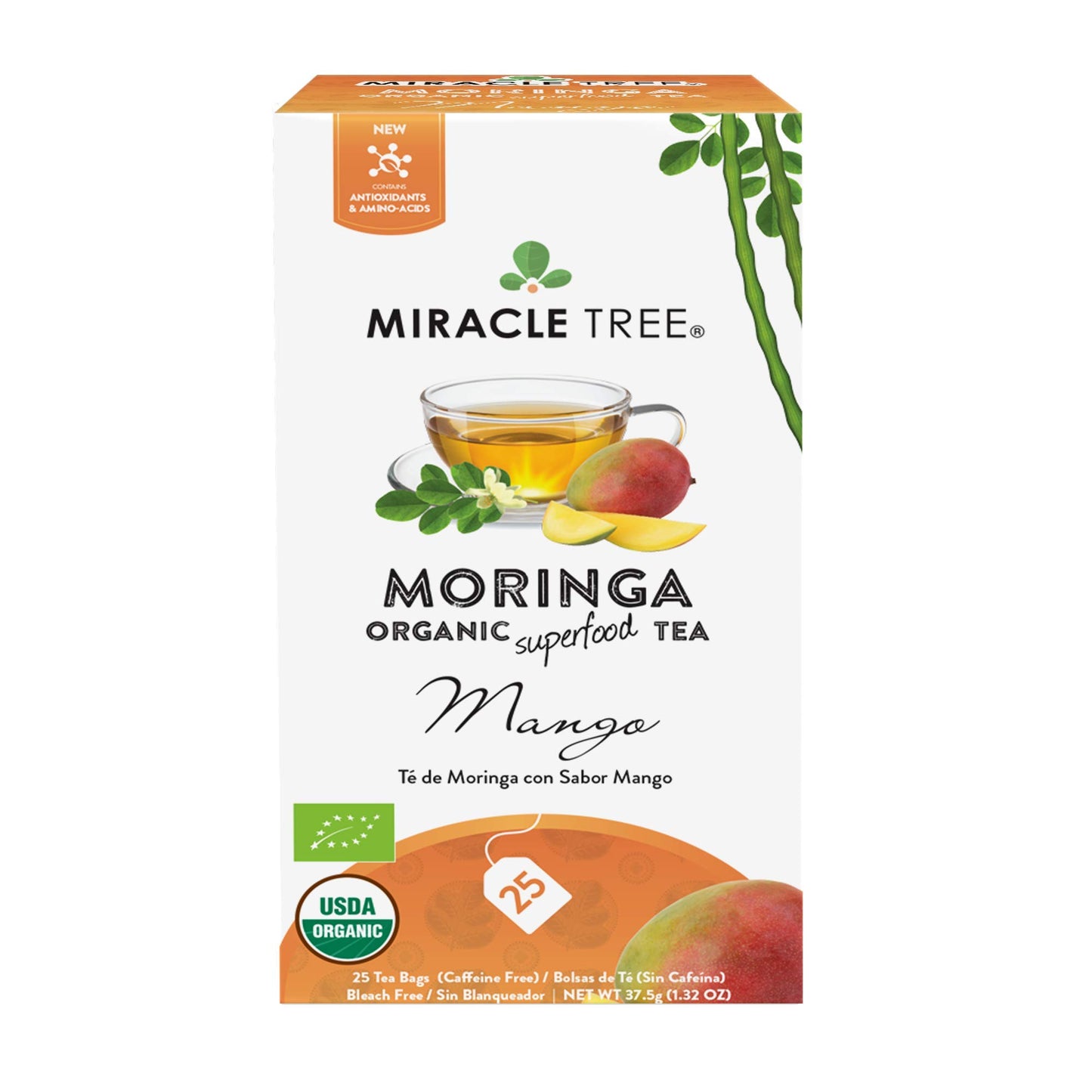 Tree Organic Moringa Superfood Tea, 25 Individually Sealed Bags, Mango Flavor, 12 Count Pack, Vegan, Gluten-Free, Caffeine-Free