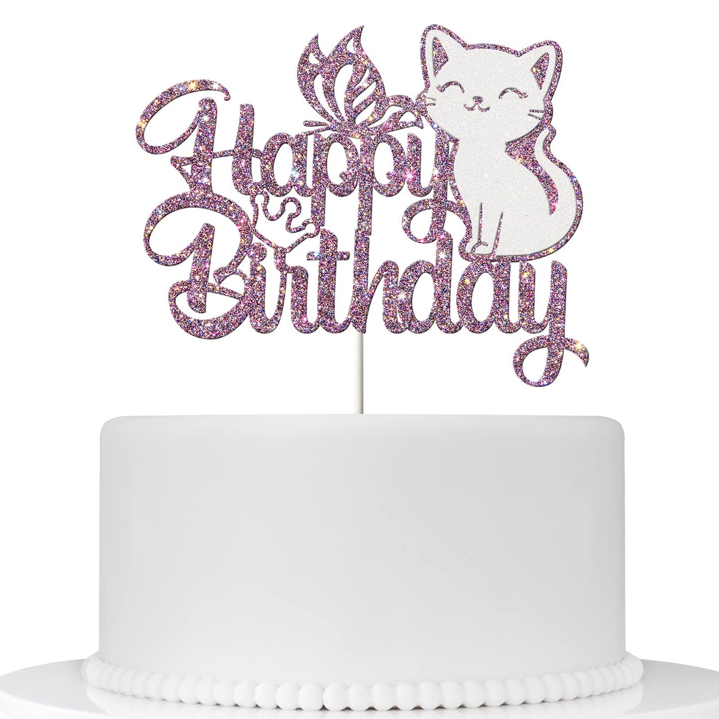 Ambishi Cat Birthday Cake Topper - Purple & White Glitter, Butterfly Design, Model AB-122, Pet Themed Decoration for Parties