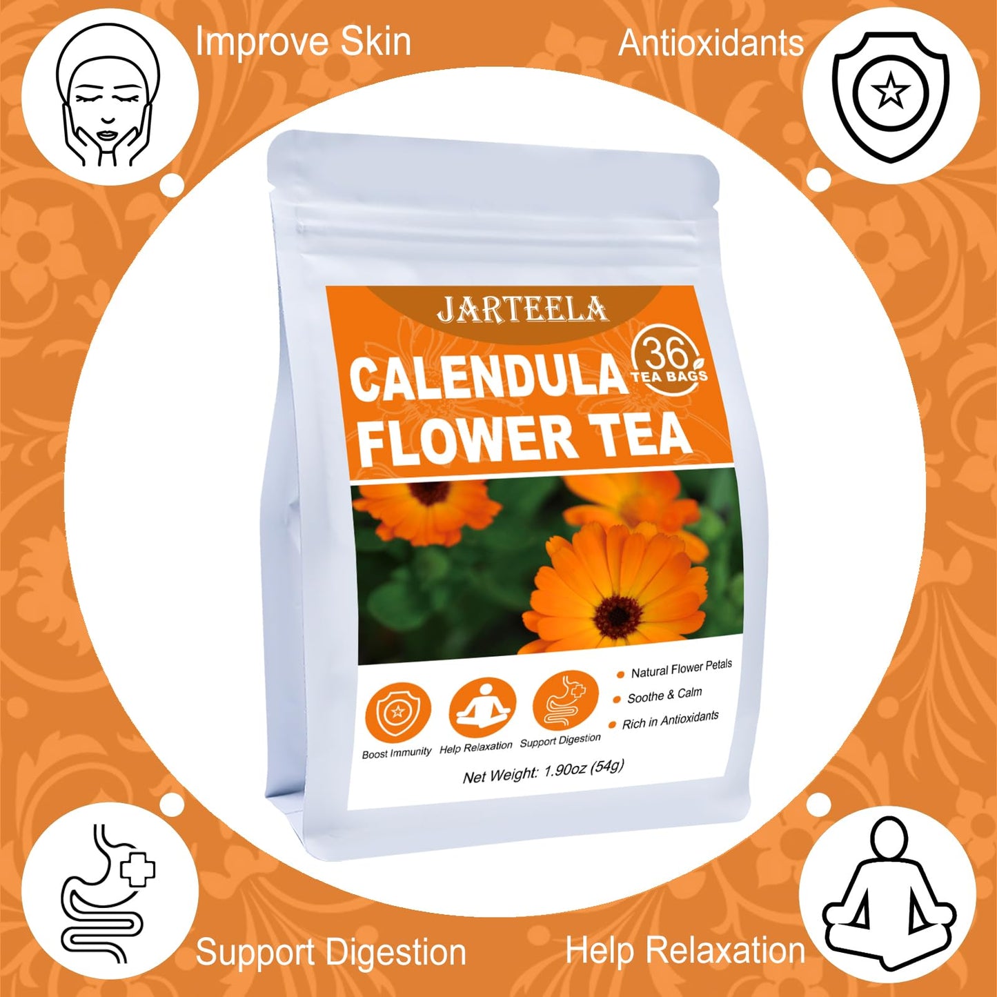 Jarteela Calendula Tea Bags - Natural, Non-GMO, Caffeine-free, 36 Count (Pack of 1)
