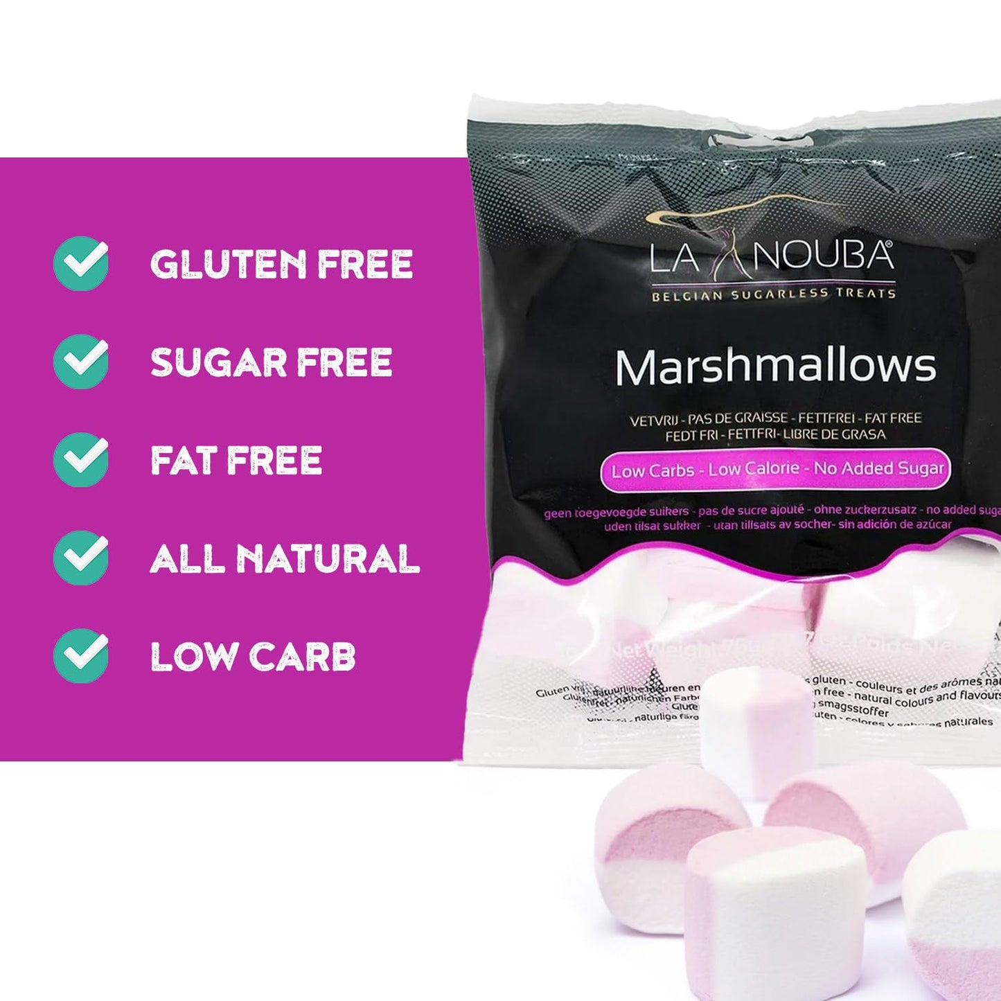 La Nouba Sugar-Free Marshmallows - 2.7 oz. Pack - Low Calorie, Low Carb, Fat-Free and Gluten Free Snack - Traditional Delicious