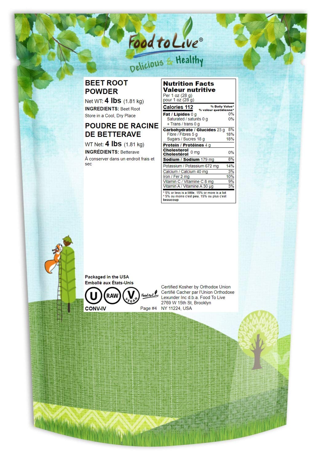 Beet Root Powder, 4 Pounds - Finely Ground Dried Beet Root, Pure, Kosher And Vegan, Raw Superfood. Bulk Powder. Rich In Folate,
