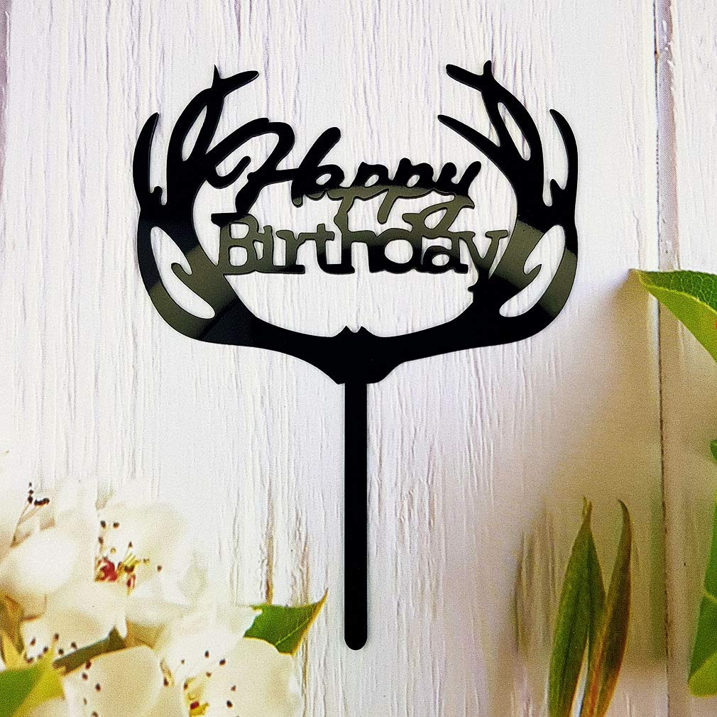 Antlers Happy Birthday Cake Topper Party Decorations (Black Acrylic)