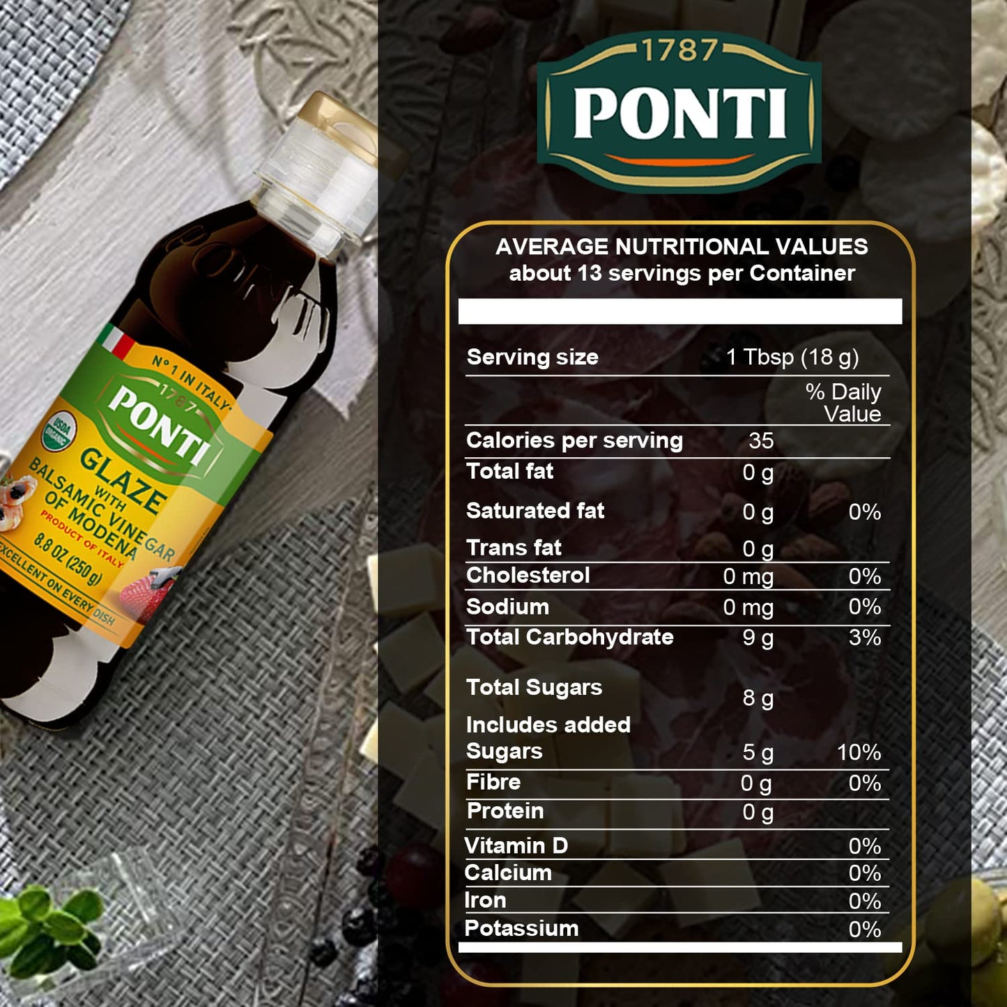 Ponti Organic Glaze With Balsamic Vinegar 8.82Oz (250Ml) - Italian - Perfect For Meats Pastas Salads - Drizzle Tart Sweet Carame