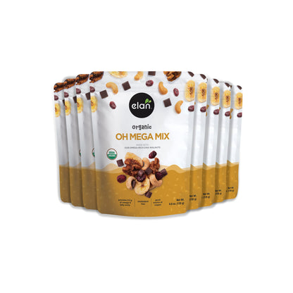 Elan Organic Oh Mega Mix, Vegan Dark Chocolate, Dried Fruits (Cranberries & Banana Chips), Nuts (Chia Walnuts & Roasted Cashews)
