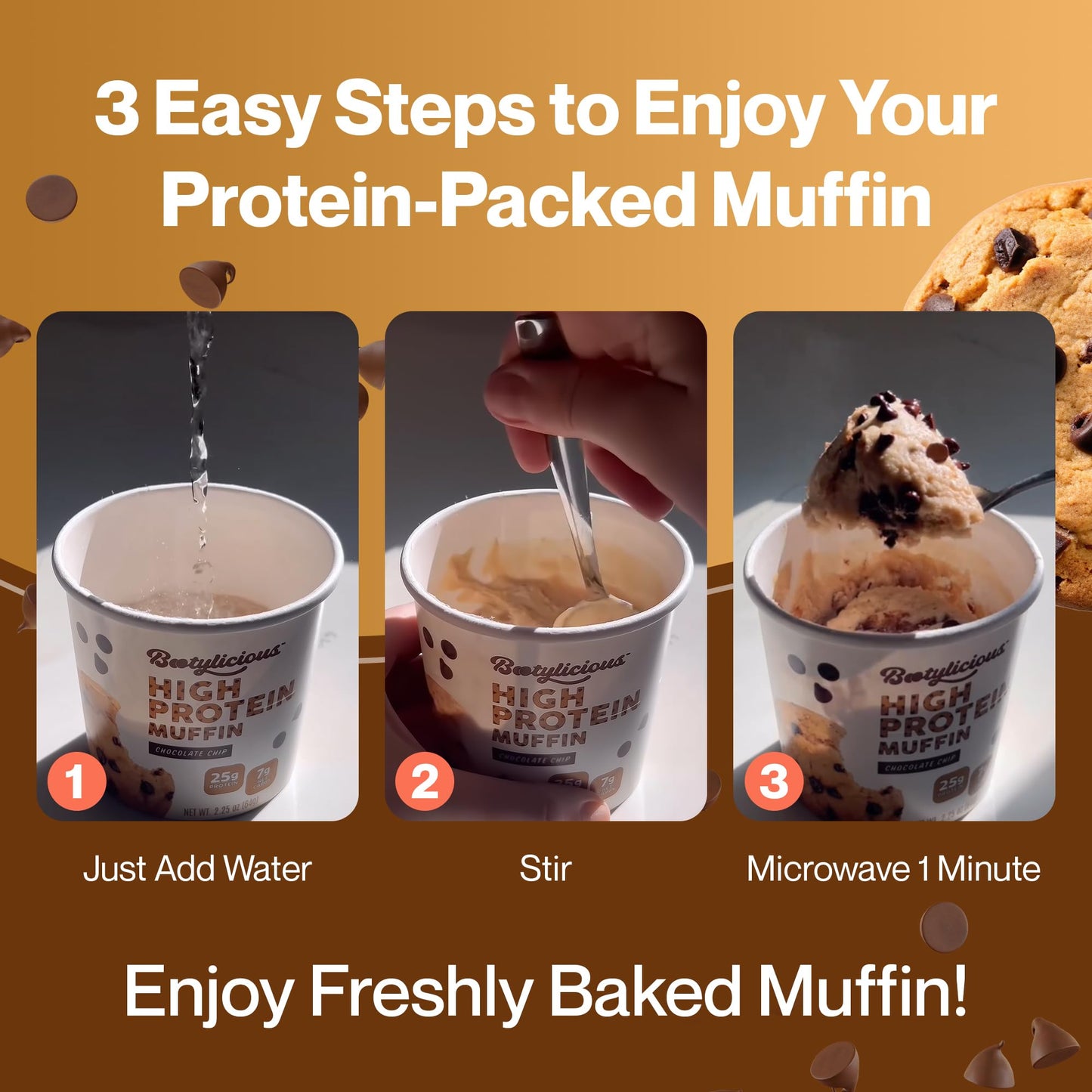 Bootylicious | High-Protein Muffin | 25g Protein  7g Net Carbs  1.86-1.76oz Cup  12-Pack (Chocolate Chip)