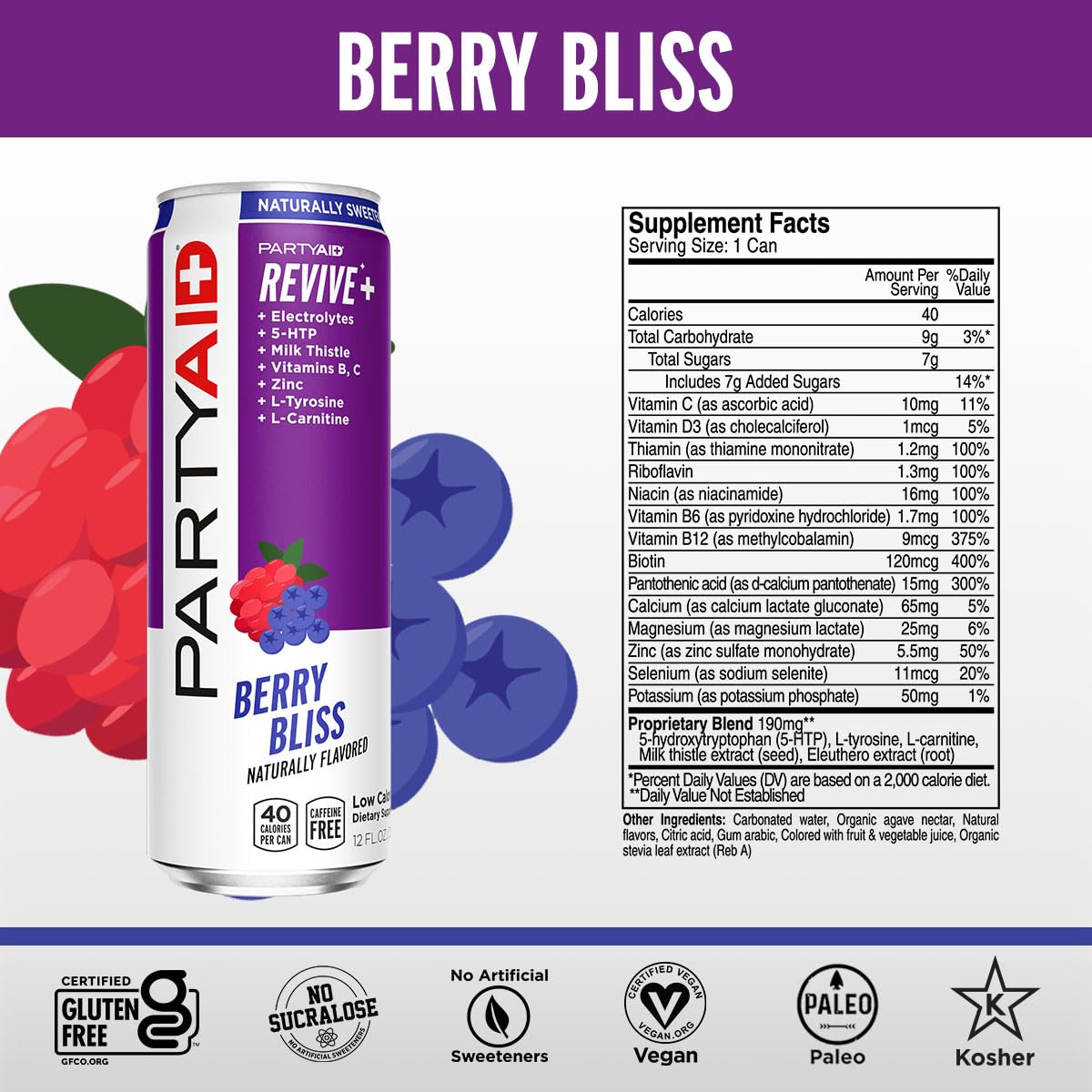 LIFEAID Partyaid Rehab Blend, 12 Fl Oz, Caffeine-Free, No Artificial Flavors, Electrolytes, B-Complex, 5-HTP, Milk Thistle
