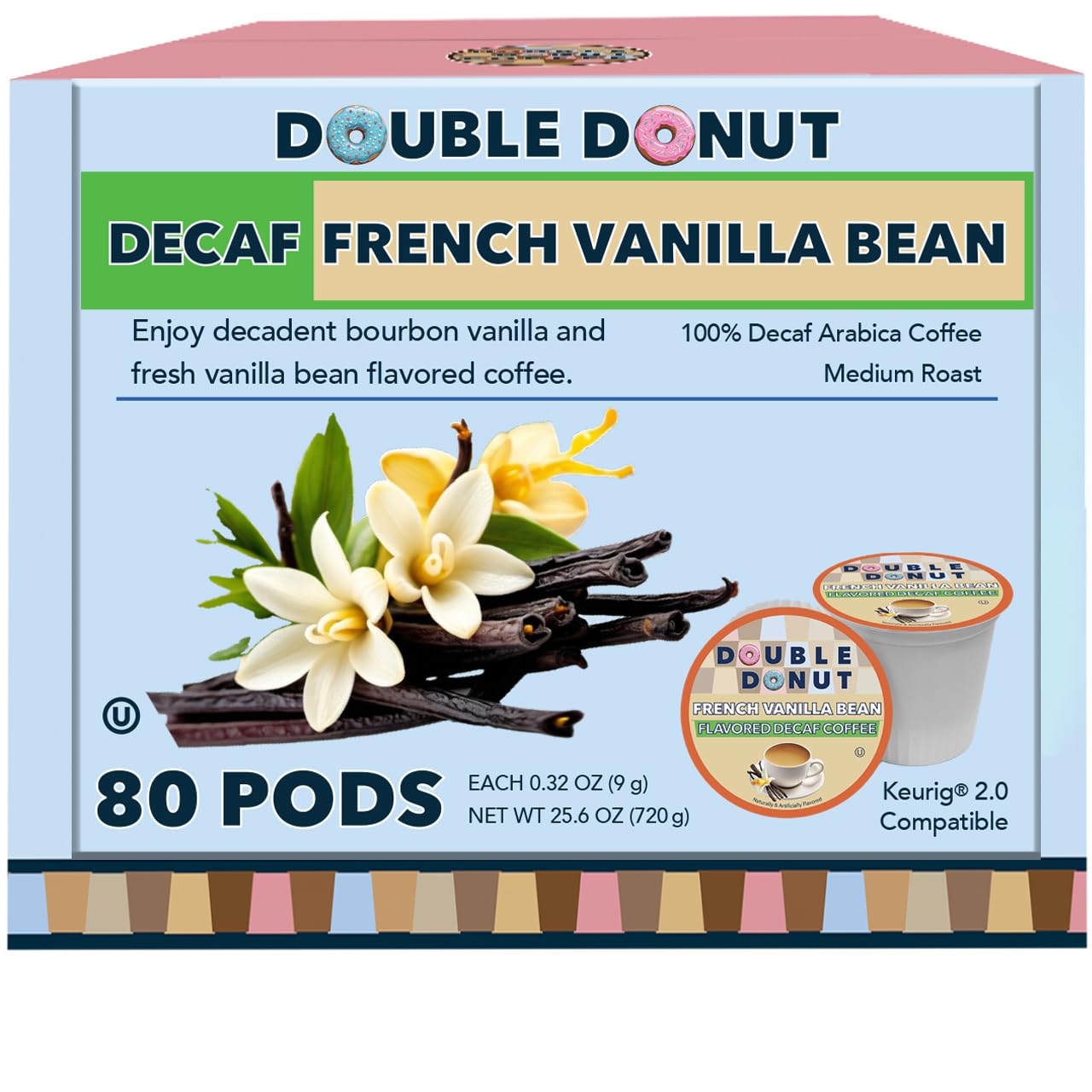 Double Donut Coffee Decaf French Vanilla Coffee Pods, Medium Roast, 80 Count, For Keurig K Cup Brewers