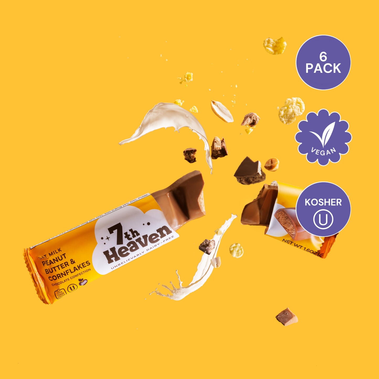 7TH HEAVEN Vegan Oat Milk Chocolate Snack Bars - Non-GMO, Dairy-Free, 6-Pack (Peanut Butter & Cornflakes)